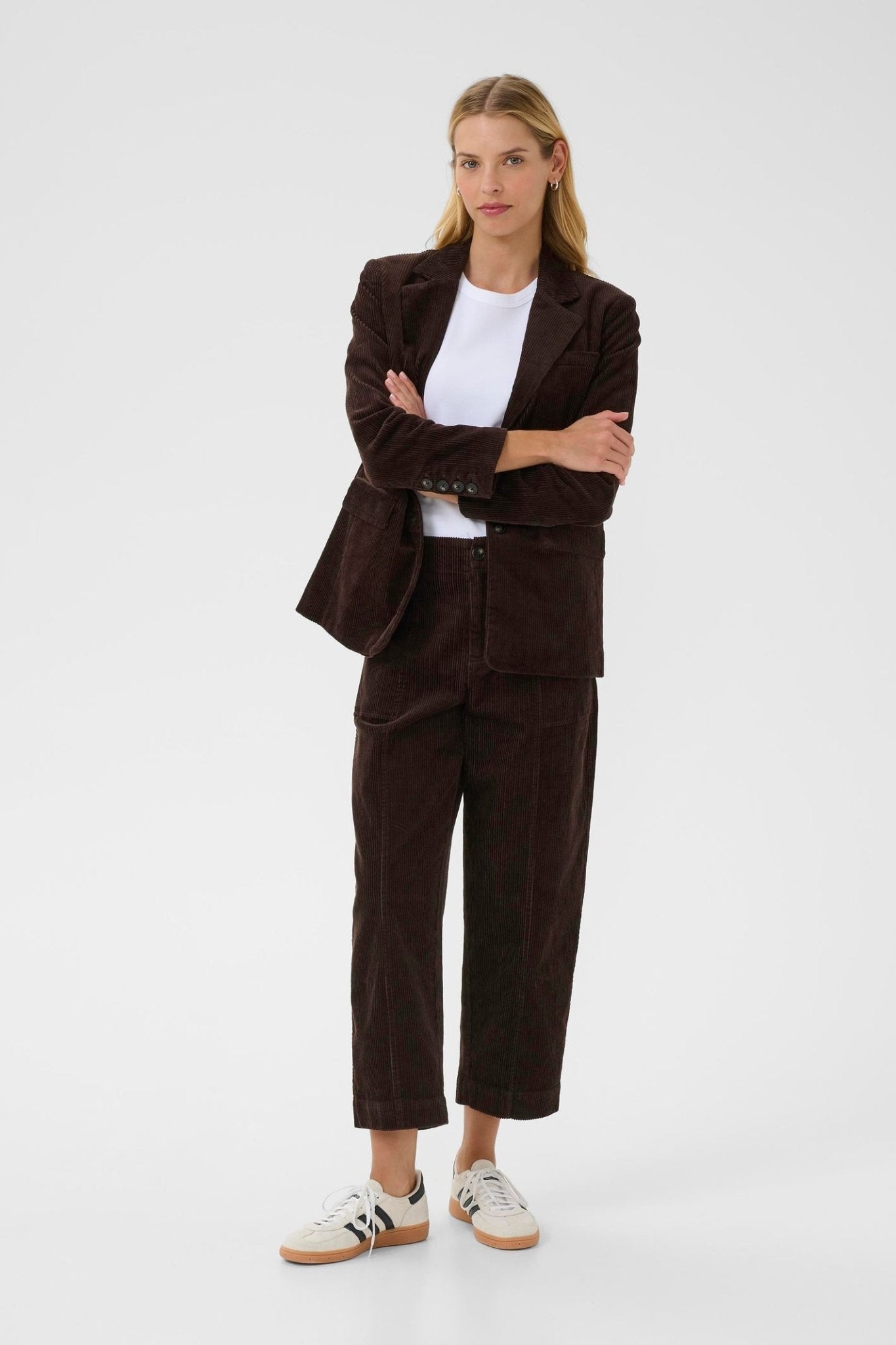 Part Two NettaPW PA Trousers in Ganache – brown corduroy straight leg trousers with front seam detail available at Dotique
