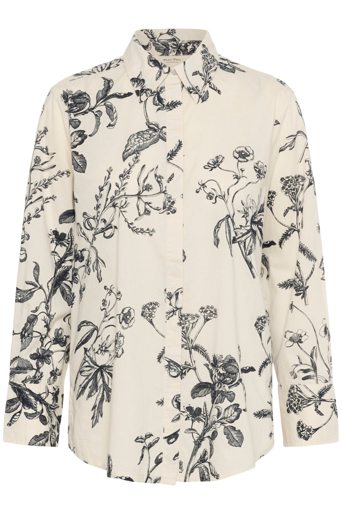 Part Two SvejaPW BL Shirt in dark navy botanical print at Dotique – cotton shirt with classic collar and button front.


