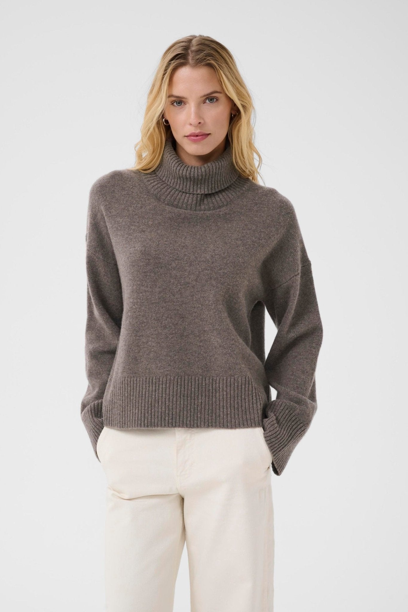 Part Two CorinaPW PU Jumper in Falcon Melange – 100% wool relaxed fit knit with round neckline available at Dotique
