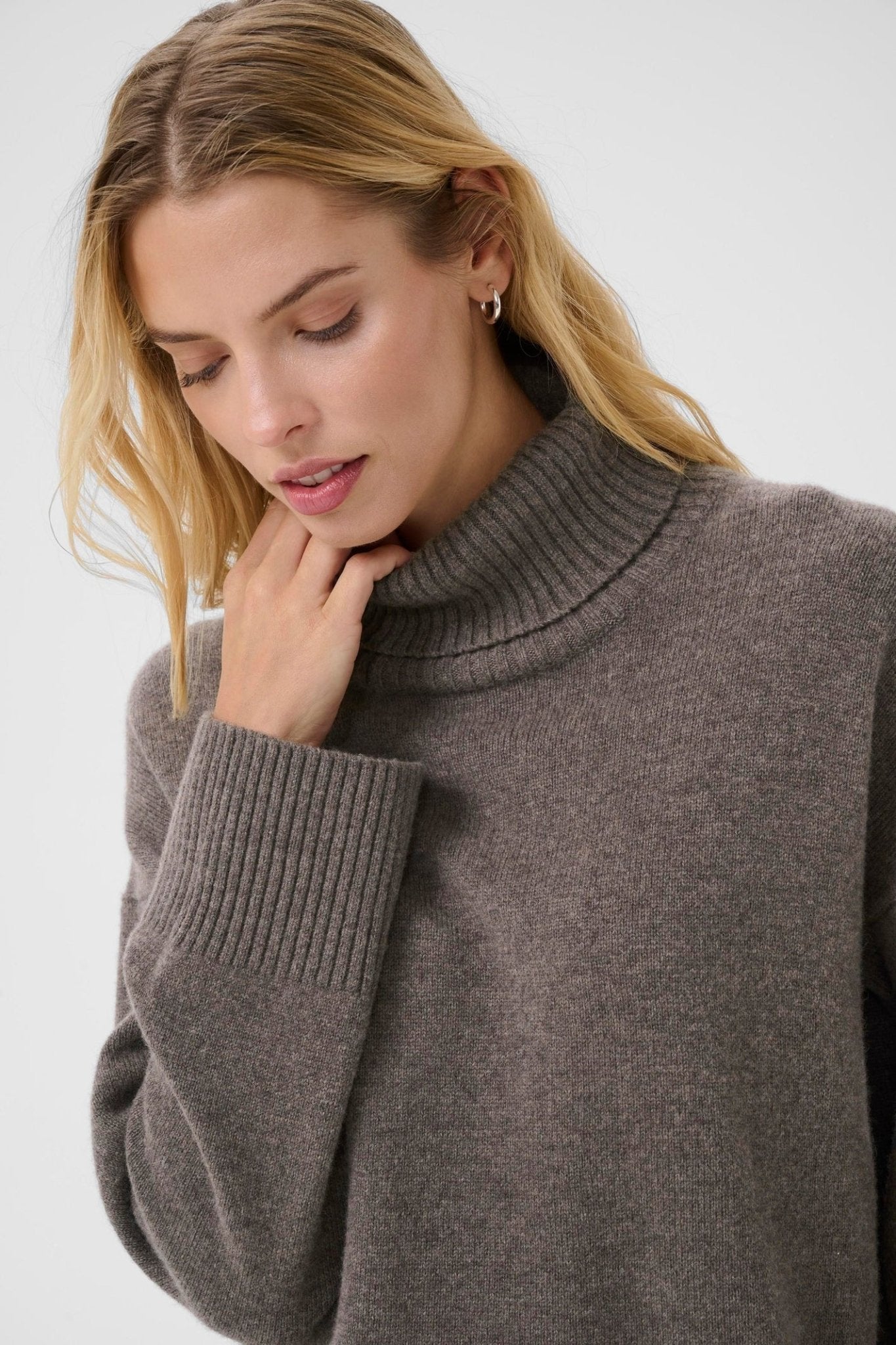 Part Two CorinaPW PU Jumper in Falcon Melange – 100% wool relaxed fit knit with round neckline available at Dotique
