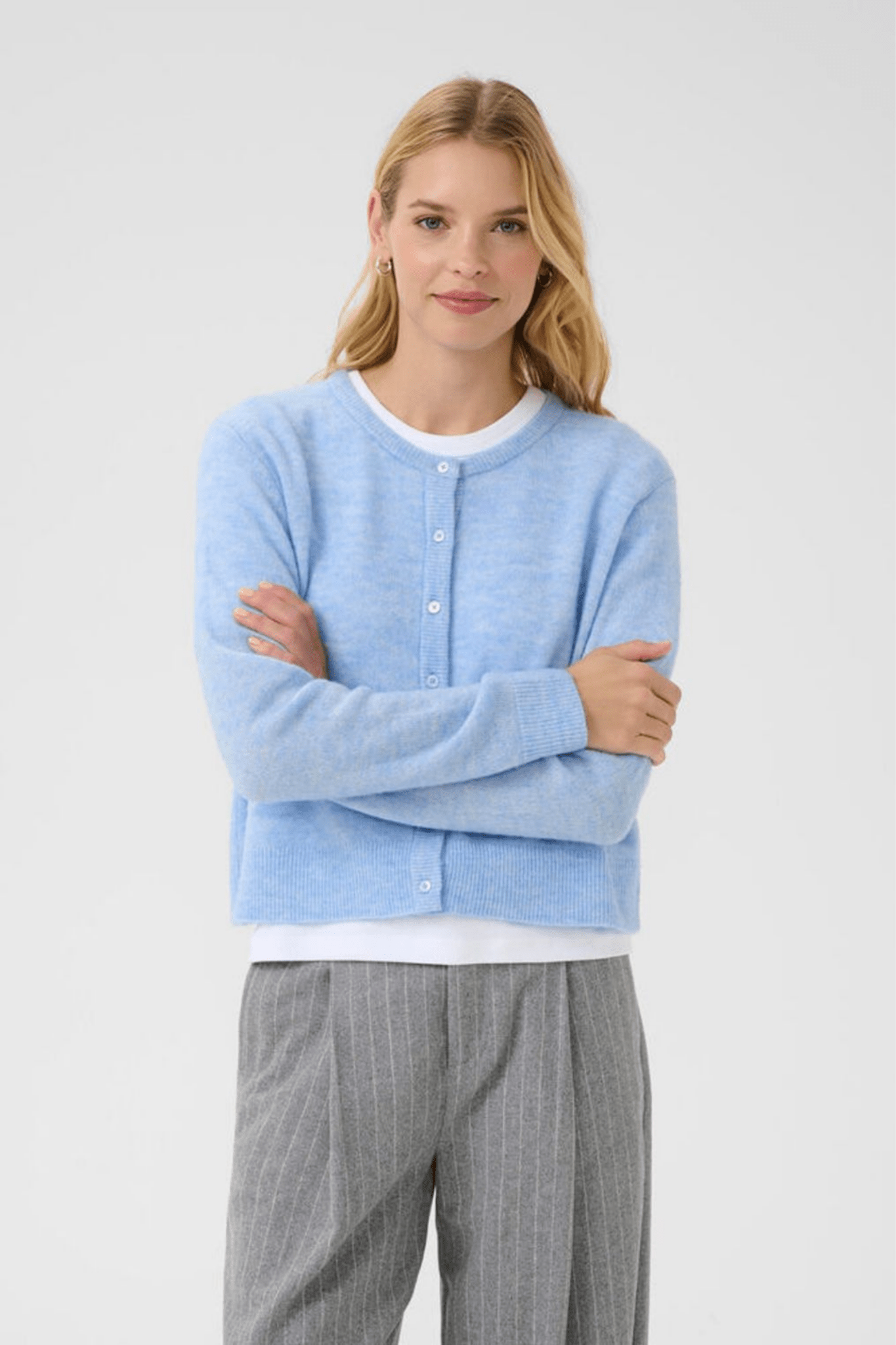 Part Two LinikaPW cardigan in vista blue with button front, available at Dotique