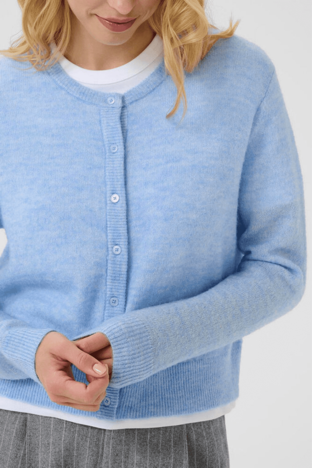 Part Two LinikaPW cardigan in vista blue with button front, available at Dotique