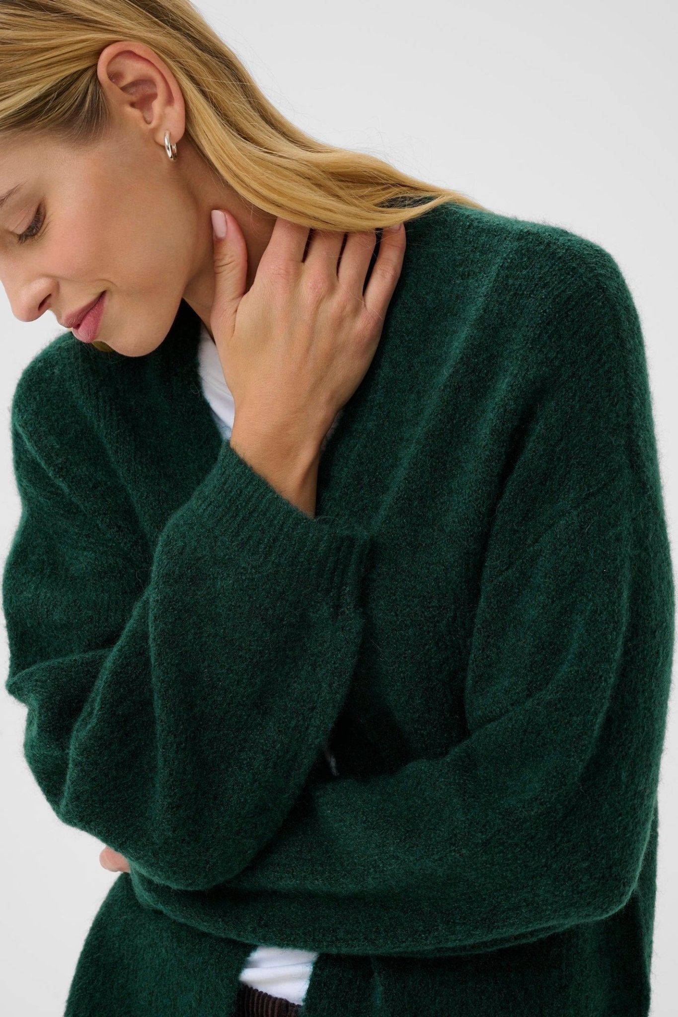 Part Two RastinaPW cardigan in deep sea moss green with open front, available at Dotique