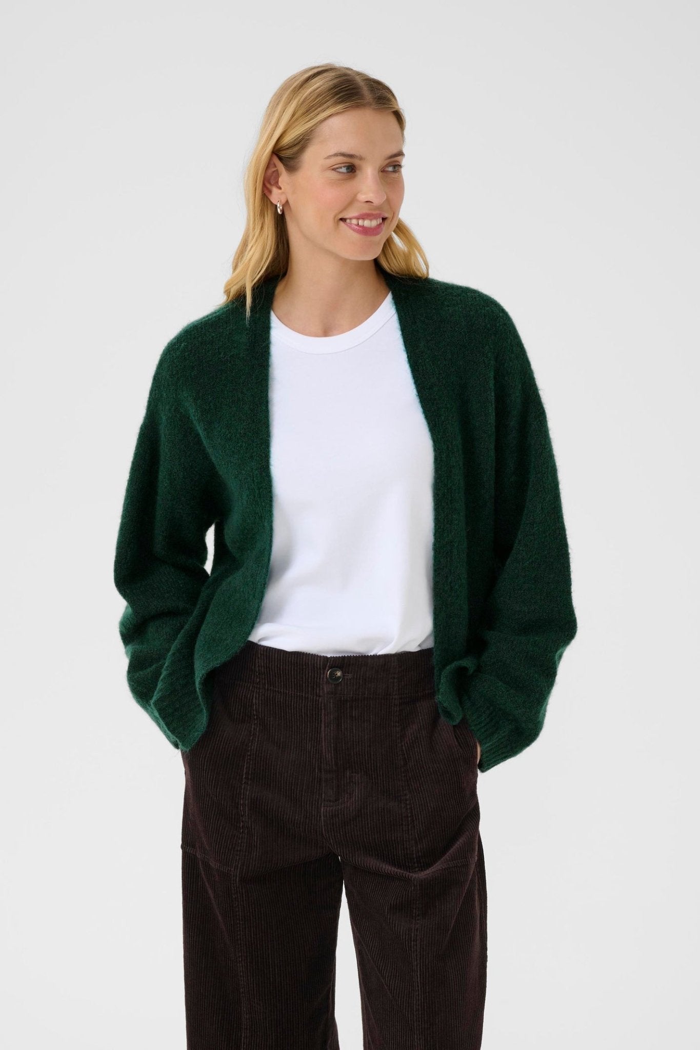 Part Two RastinaPW cardigan in deep sea moss green with open front, available at Dotique

