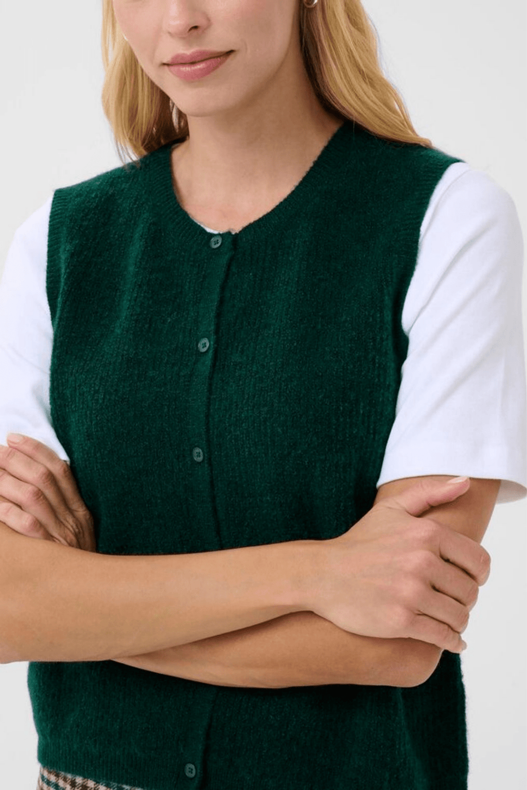 Part Two PimiraPW sea moss green button waistcoat layered over white tee, available at Dotique