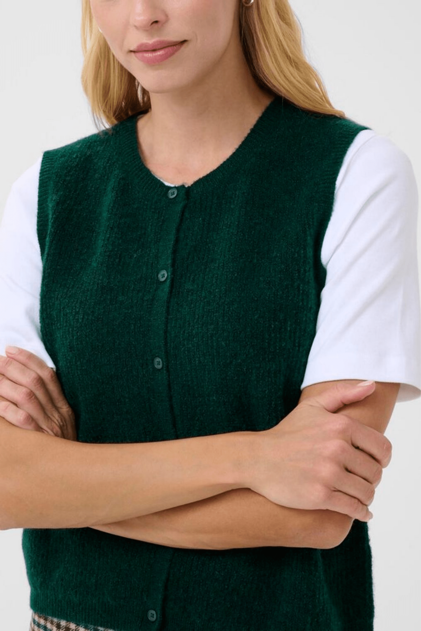 Part Two PimiraPW sea moss green button waistcoat layered over white tee, available at Dotique