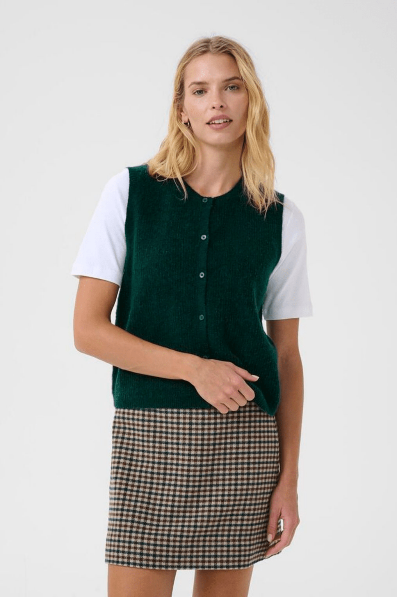 Part Two PimiraPW sea moss green button waistcoat layered over white tee, available at Dotique