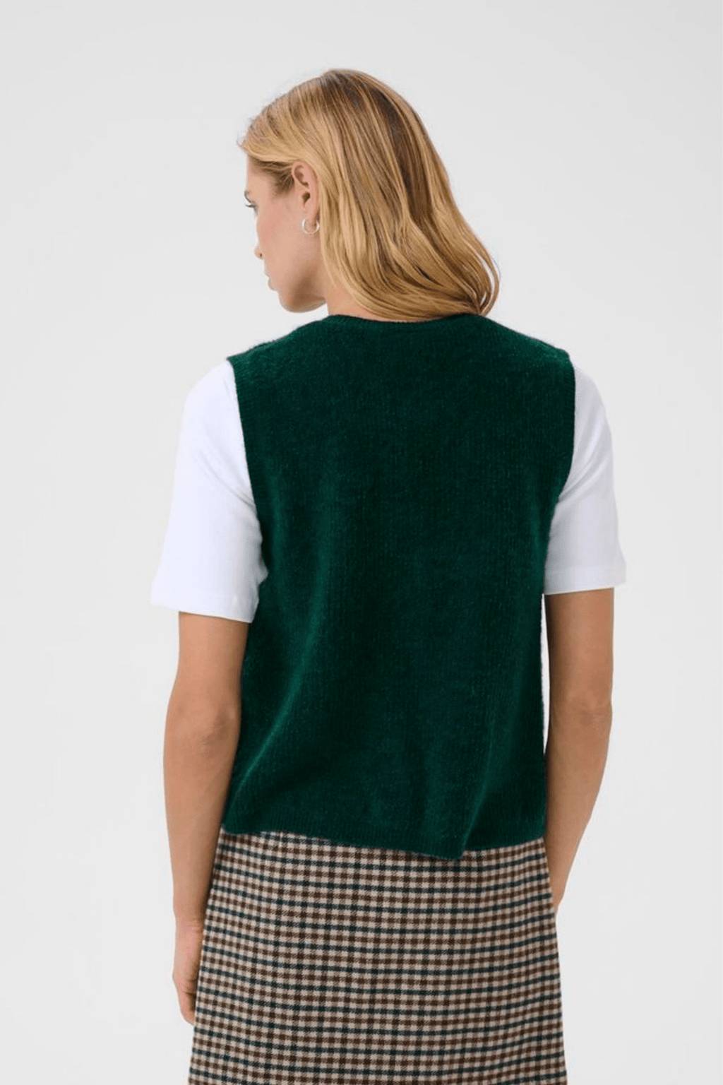 Part Two PimiraPW sea moss green button waistcoat layered over white tee, available at Dotique