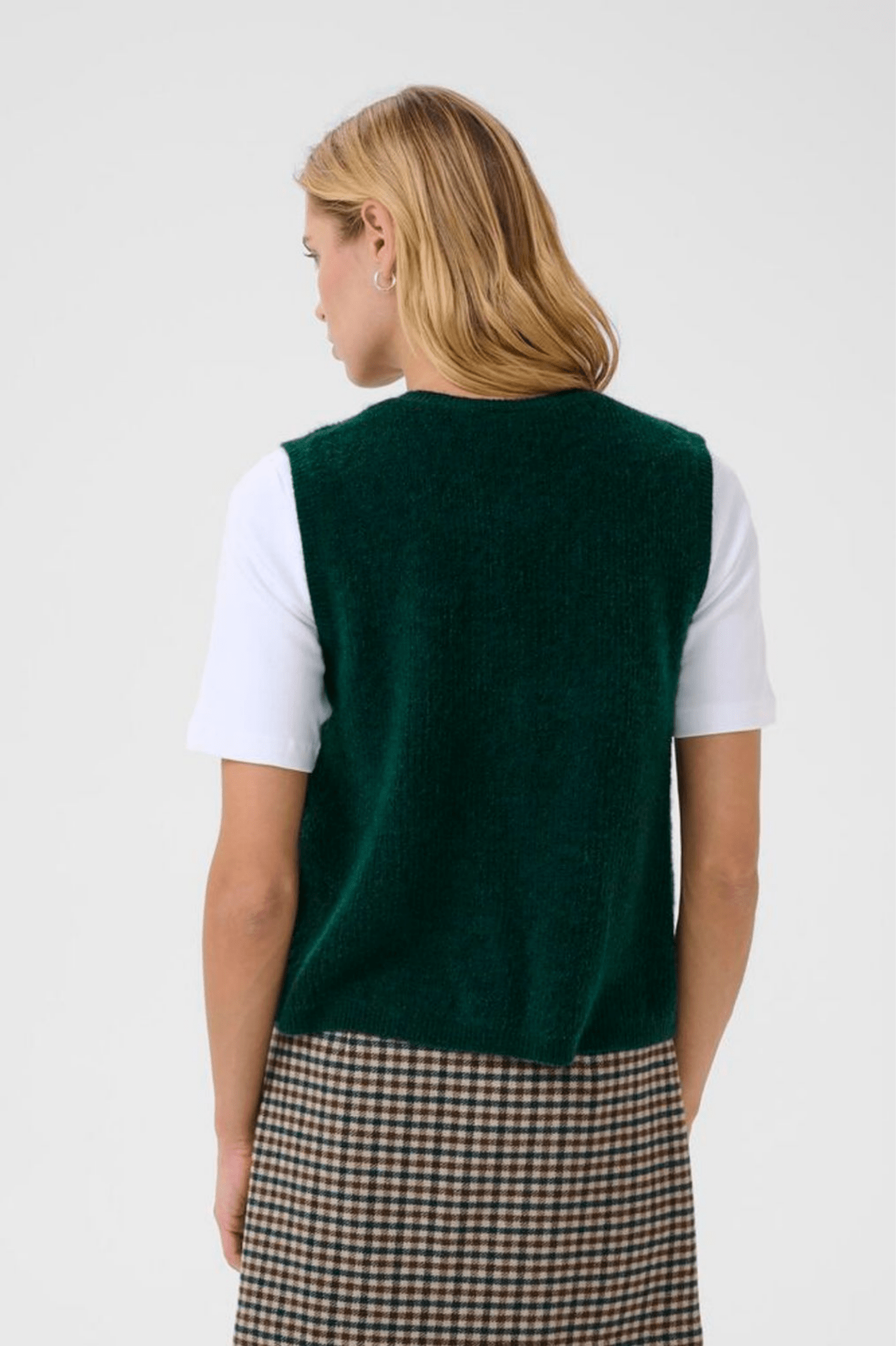 Part Two PimiraPW sea moss green button waistcoat layered over white tee, available at Dotique