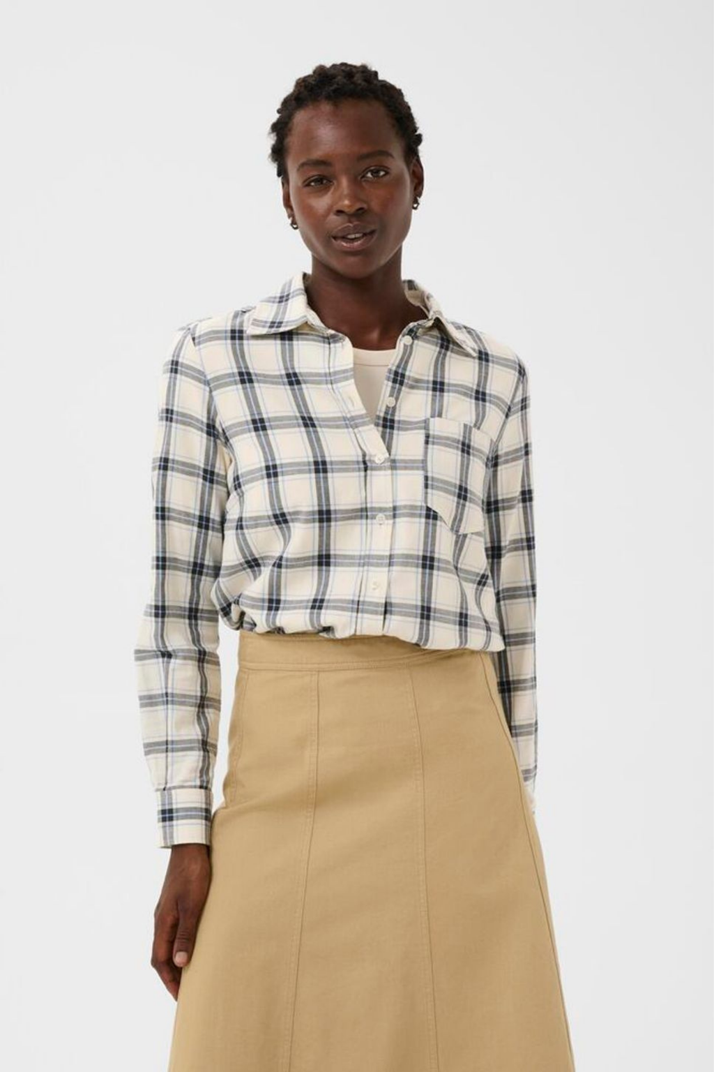 Organic cotton check shirt by Part Two in big dark navy tones. Relaxed, easy and perfect for everyday layering.