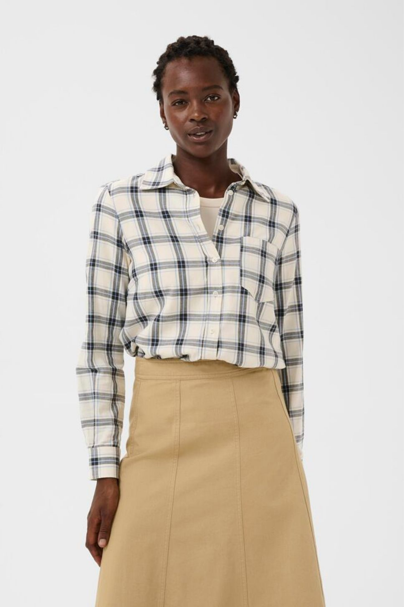 Organic cotton check shirt by Part Two in big dark navy tones. Relaxed, easy and perfect for everyday layering.