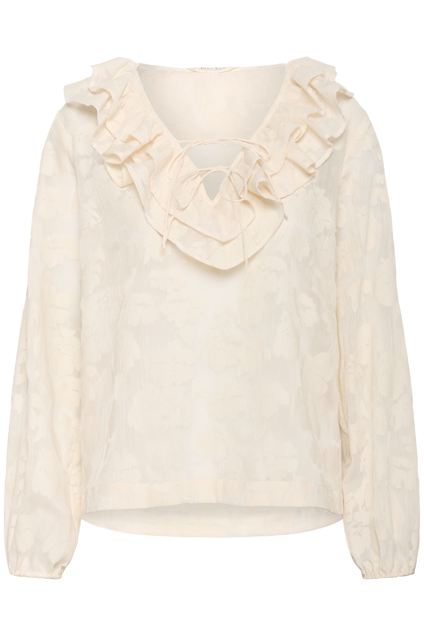 Part Two 30310285 ZairaPW Whisper White Blurred Flower Blouse front view with ruffle detail Shop Part Two at Dotique