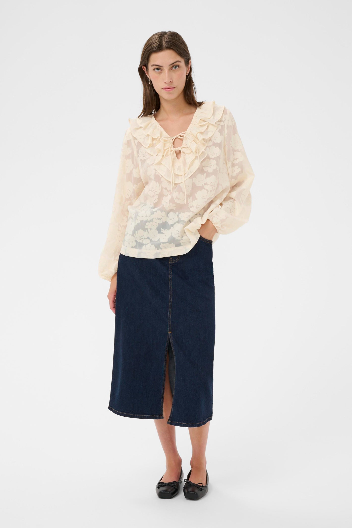 Part Two 30310285 ZairaPW Whisper White Blurred Flower Blouse with ruffle neck worn by model Shop Part Two at Dotique