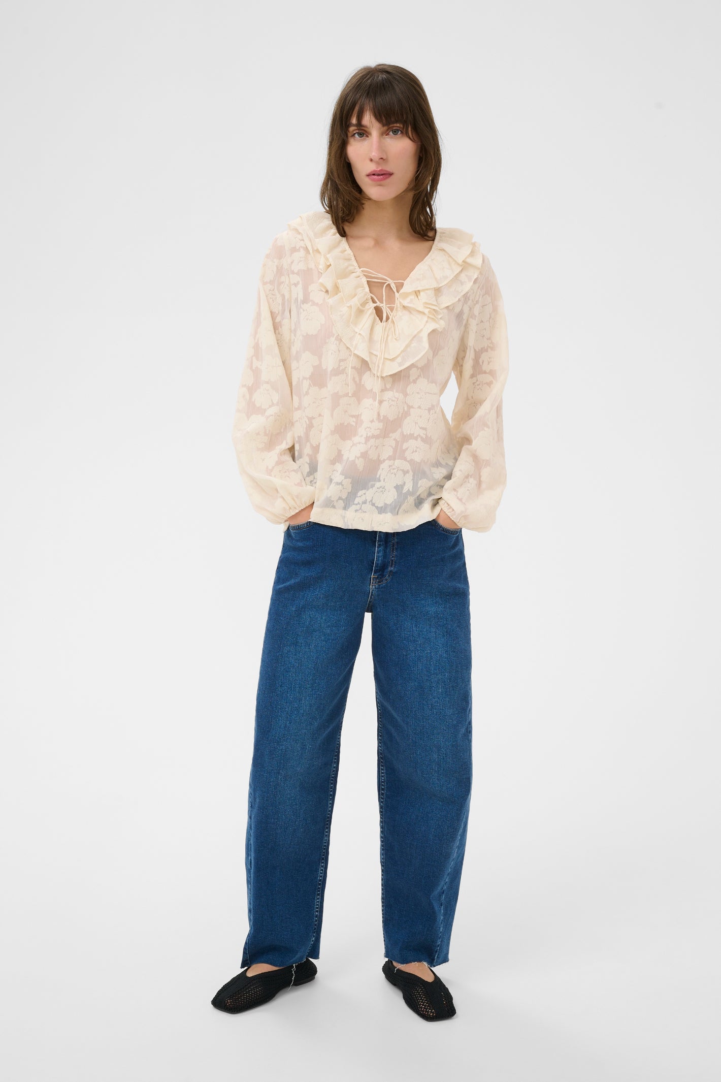 Part Two 30310285 ZairaPW Whisper White Blurred Flower Blouse with ruffle neckline worn by model Shop Part Two at Dotique