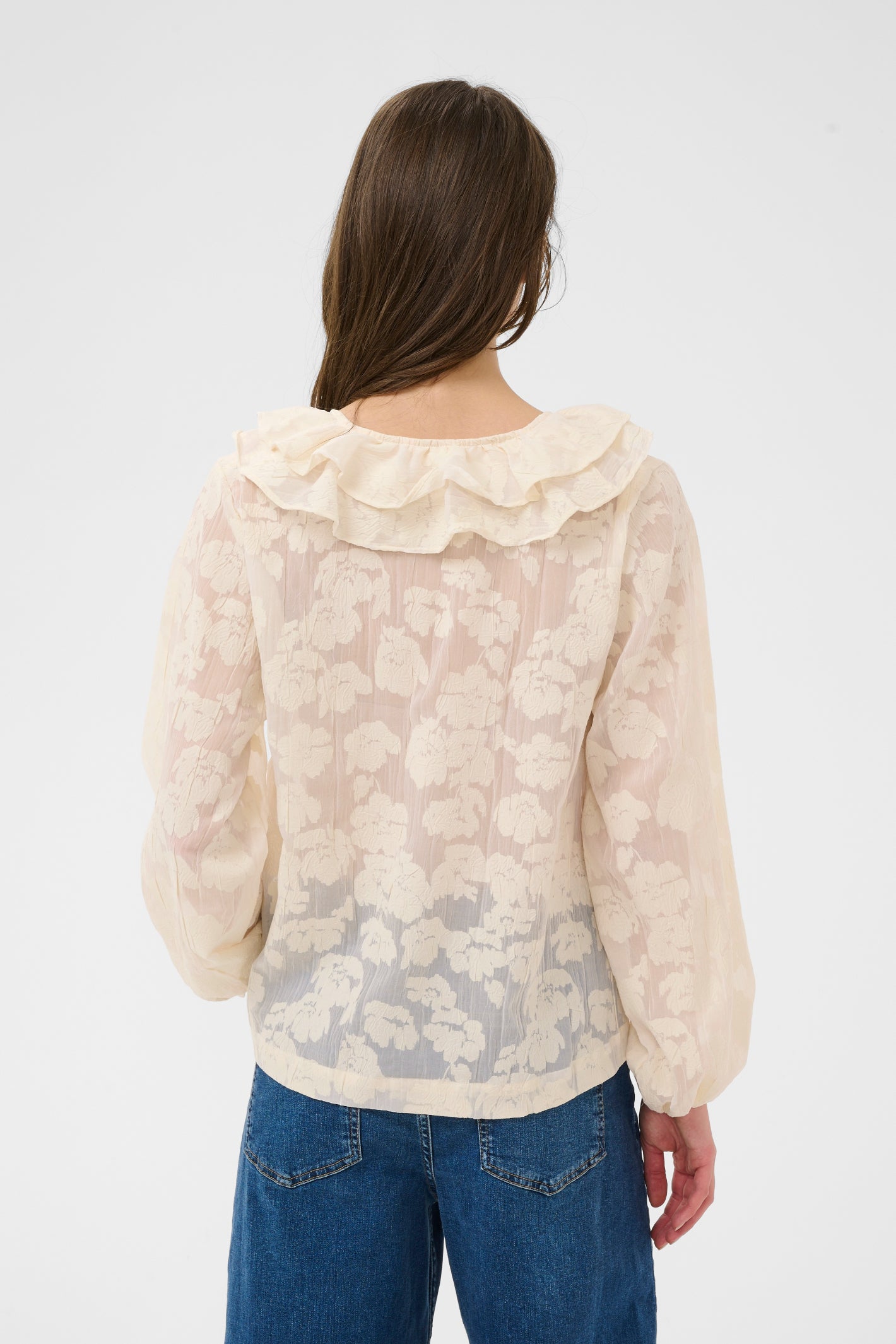Part Two 30310285 ZairaPW Whisper White Blurred Flower Blouse back view with ruffled collar Shop Part Two at Dotique