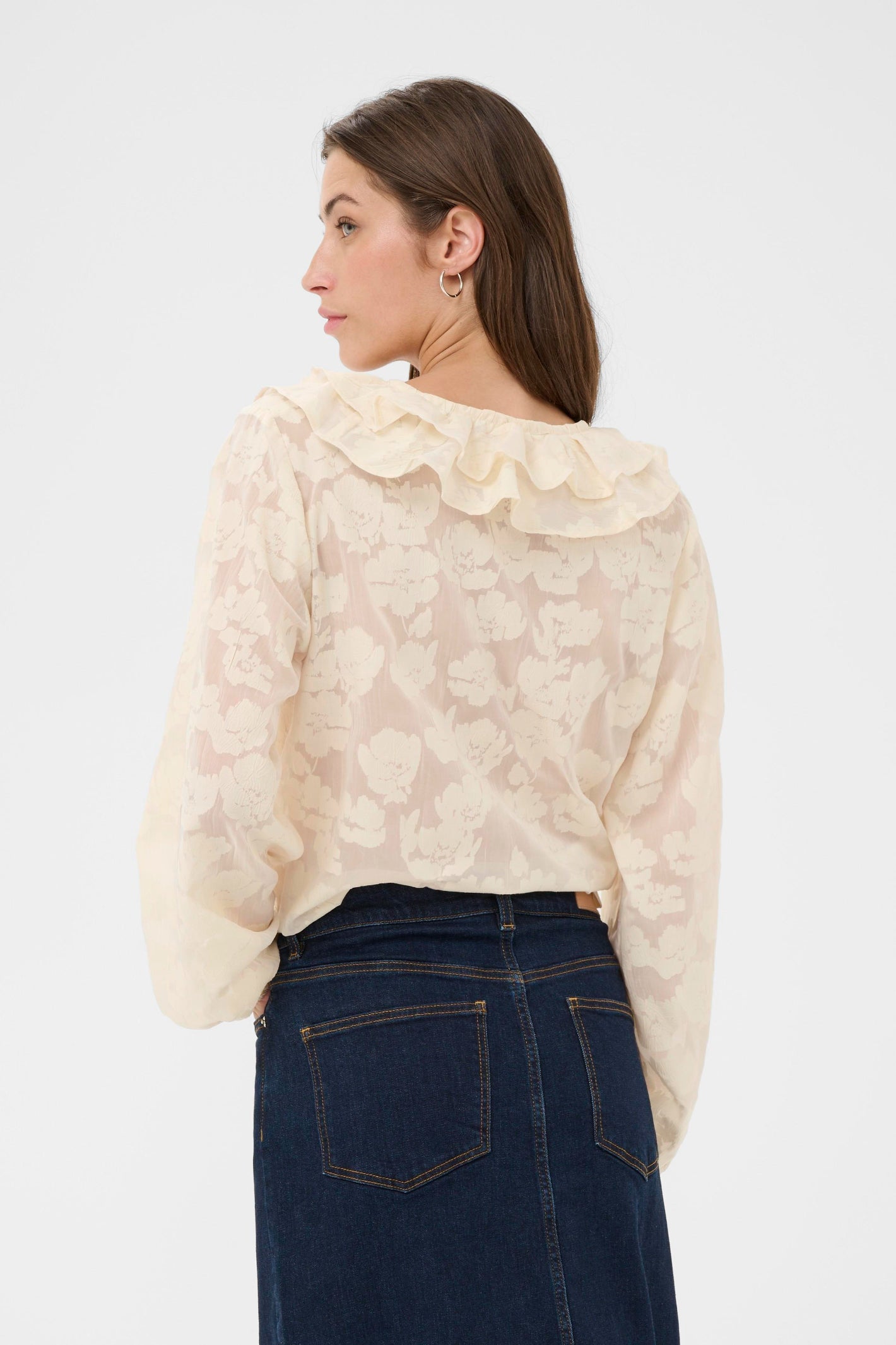 Part Two 30310285 ZairaPW Whisper White Blurred Flower Blouse back view with ruffle collar Shop Part Two at Dotique
