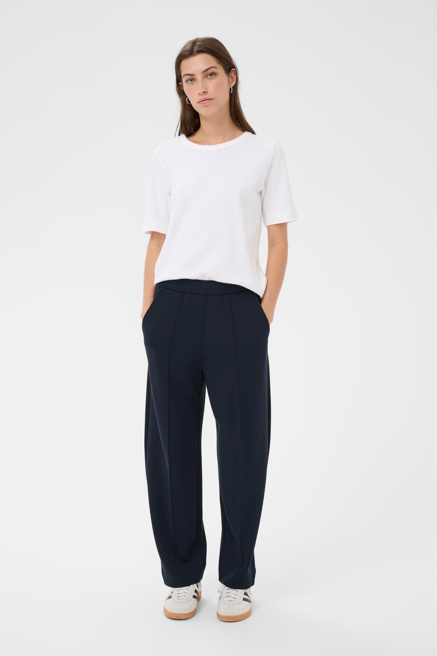 Part Two 30310294 ZenaPW Dark Navy Trousers with straight fit and pockets styled on model Shop Part Two at Dotique