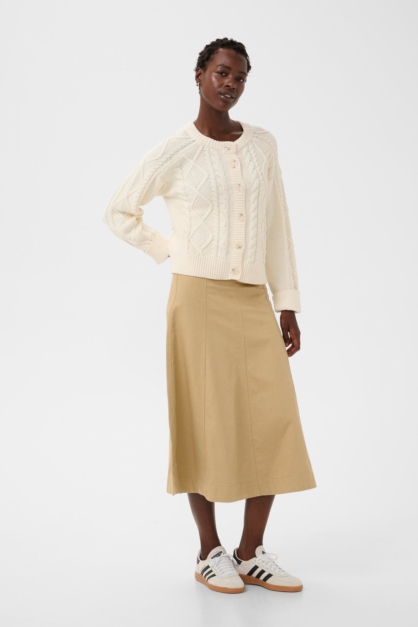 Part Two 30310301 ZayraPW Whisper White Cardigan worn by model styled with beige skirt Shop Part Two at Dotique