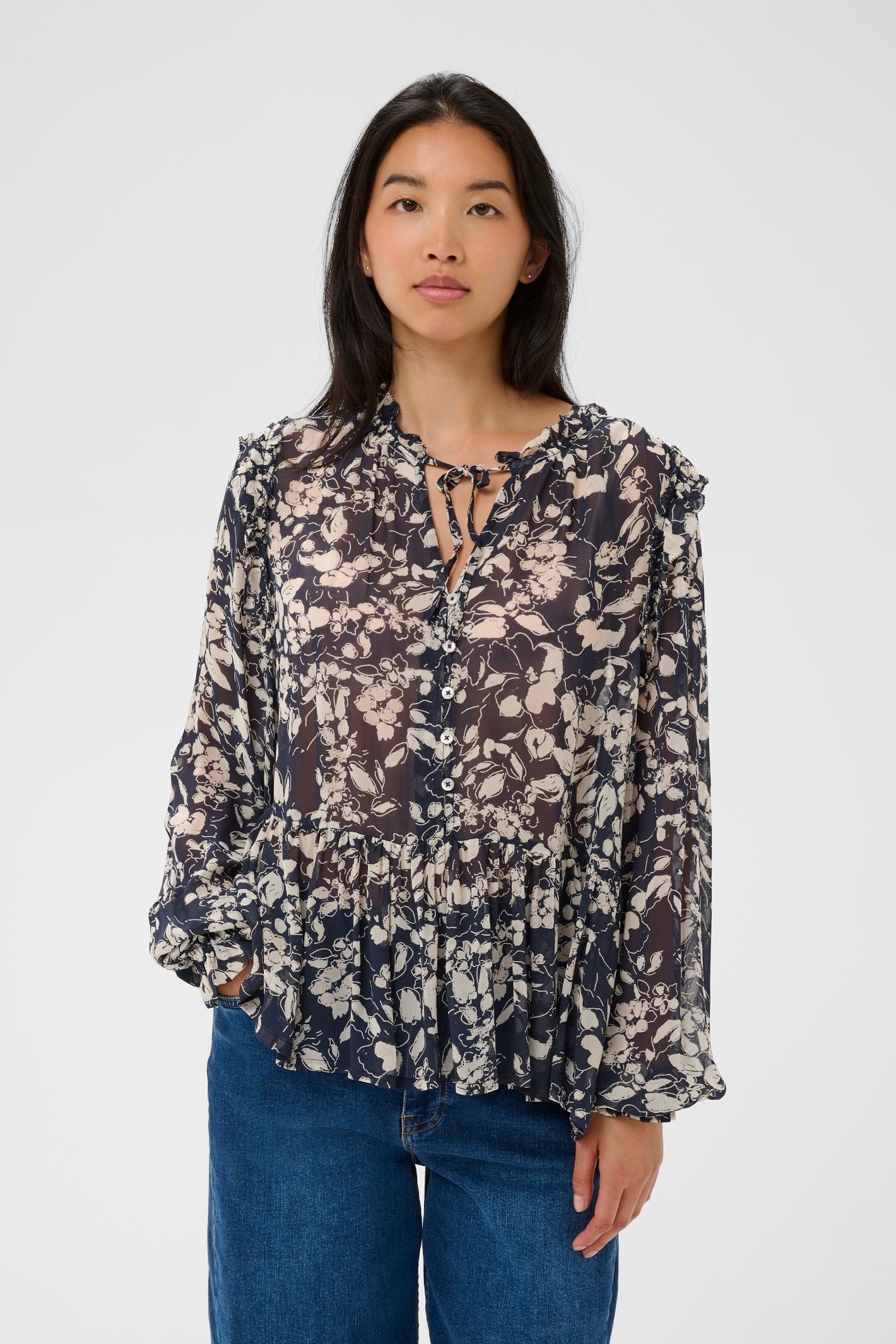 Part Two 30310376 AlfridaPW After Midnight Art Flower Blouse with floral pattern worn by model Shop Part Two at Dotique