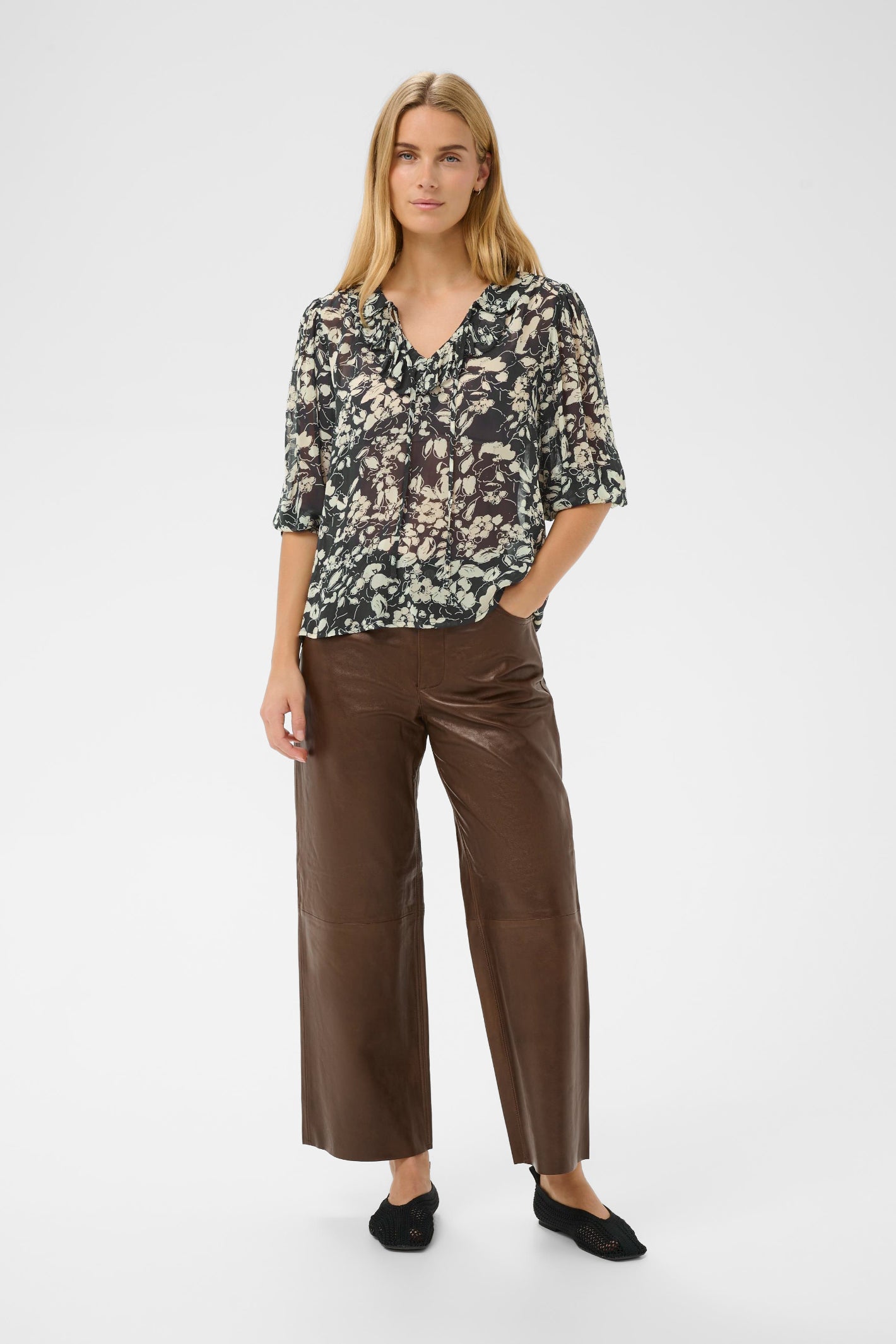 Model wearing Part Two 30310377 AlviaPW After Midnight Art Flower Blouse by Part Two, shop Part Two at Dotique front view