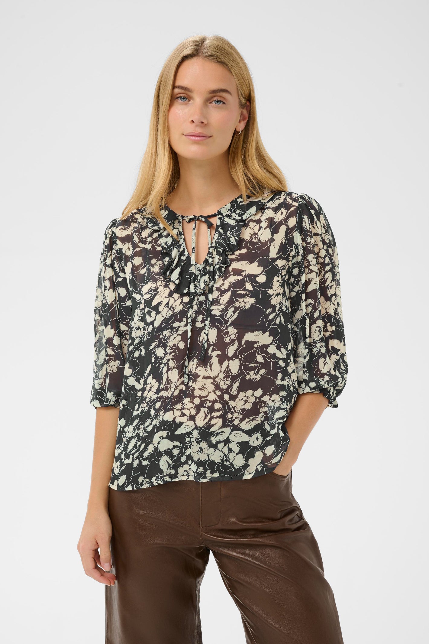 Model wearing Part Two 30310377 AlviaPW After Midnight Art Flower Blouse by Part Two shop at Dotique front view