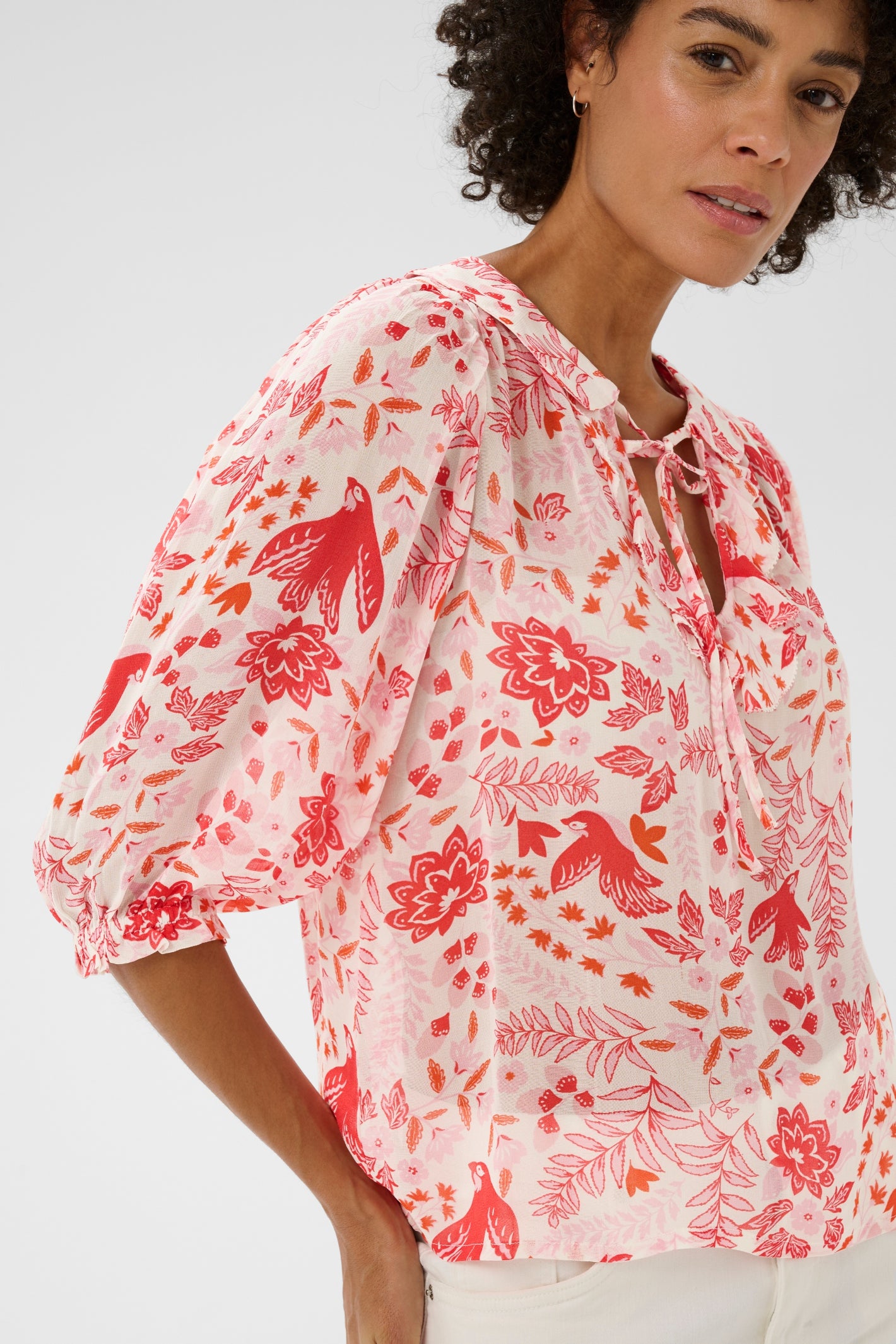 Model wearing Part Two 30310377 AlviaPW Poppy Red Bird Print Blouse by Part Two shop the Part Two collection at Dotique