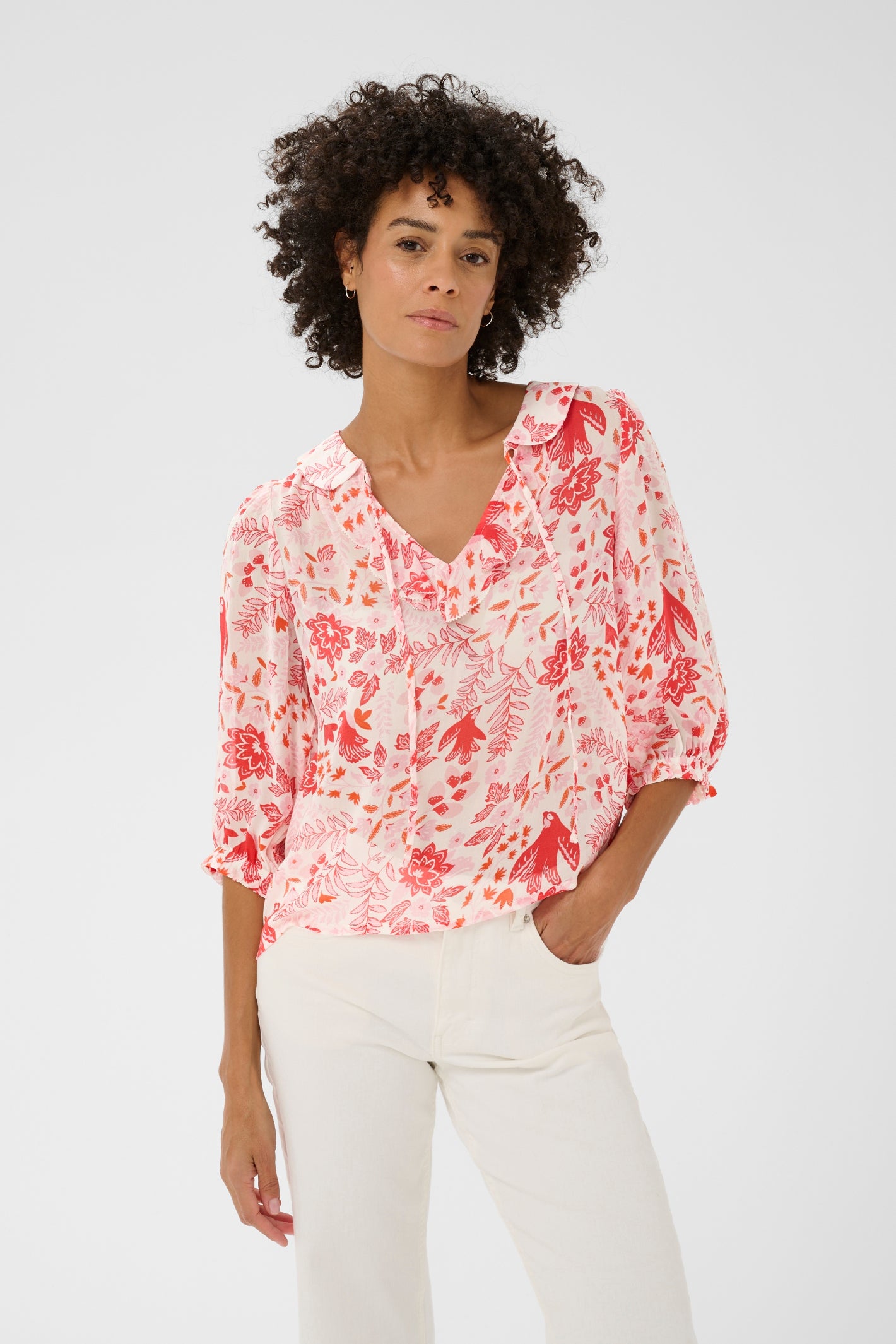 Model showcasing Part Two 30310377 AlviaPW Poppy Red Bird Print Blouse by Part Two shop the Part Two collection at Dotique