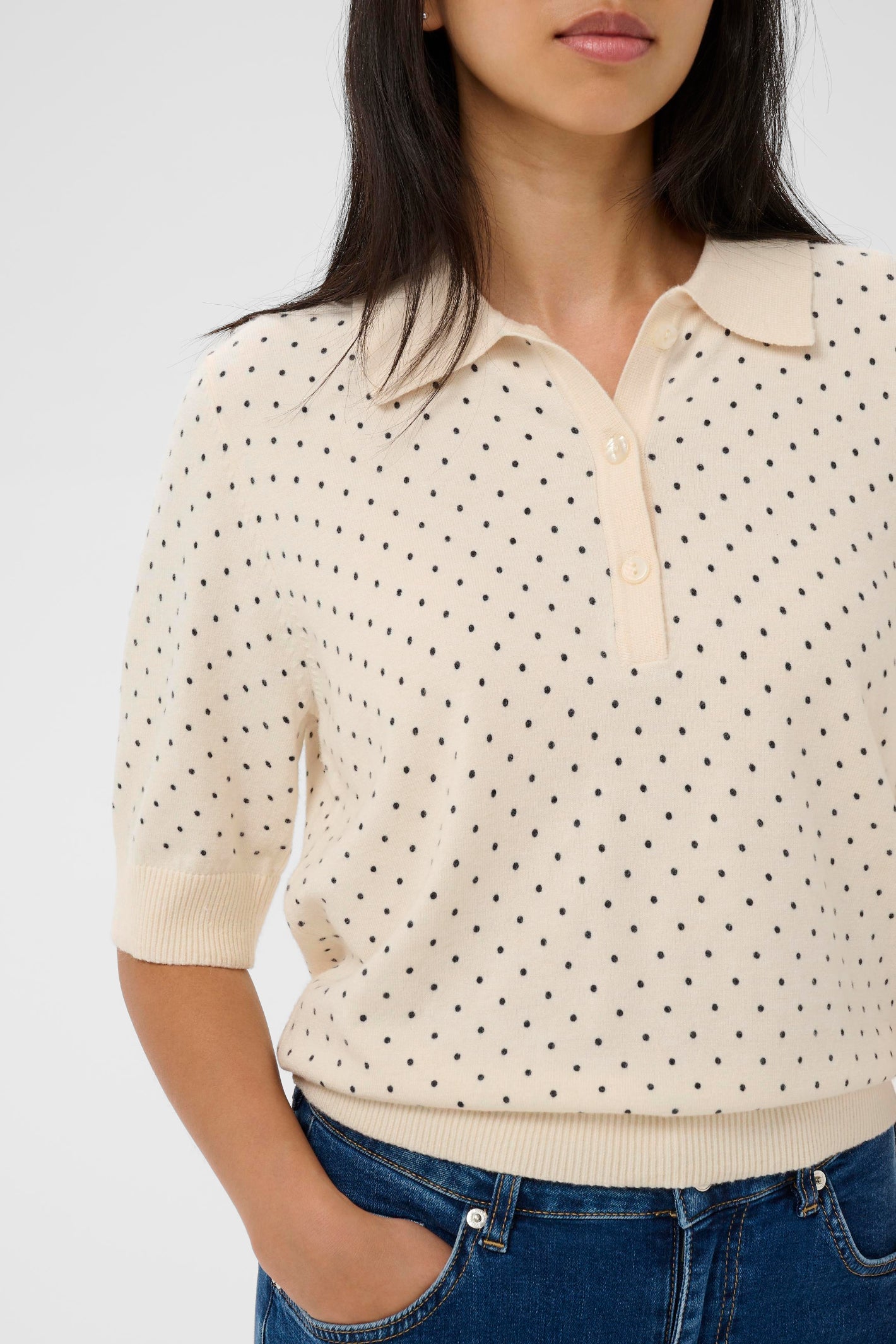 Model wearing Part Two 30310393 AnettiPW Dark Navy Dot Print Jumper by Part Two shop the Part Two collection at Dotique