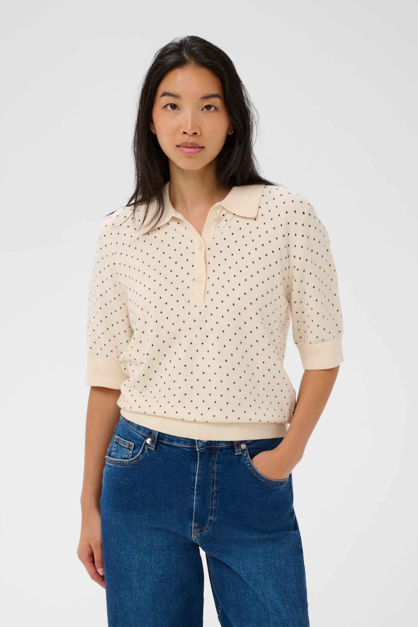Model wearing Part Two 30310393 AnettiPW Dark Navy Dot Print Jumper by Part Two shop the Part Two collection at Dotique