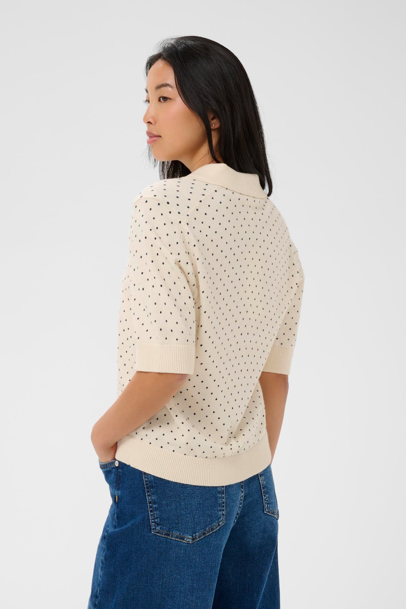 Model wearing Part Two 30310393 AnettiPW Dark Navy Dot Print Jumper by Part Two shop the Part Two collection at Dotique back view