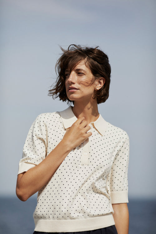 Model wearing Part Two 30310393 AnettiPW Dark Navy Dot Print Jumper by Part Two shop the Part Two collection at Dotique