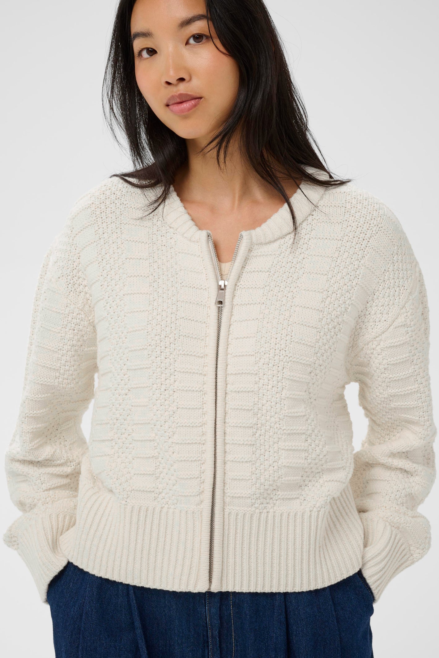 Model wearing Part Two 30310397 AnielaPW Whisper White Cardigan knit zip front shop Part Two at Dotique