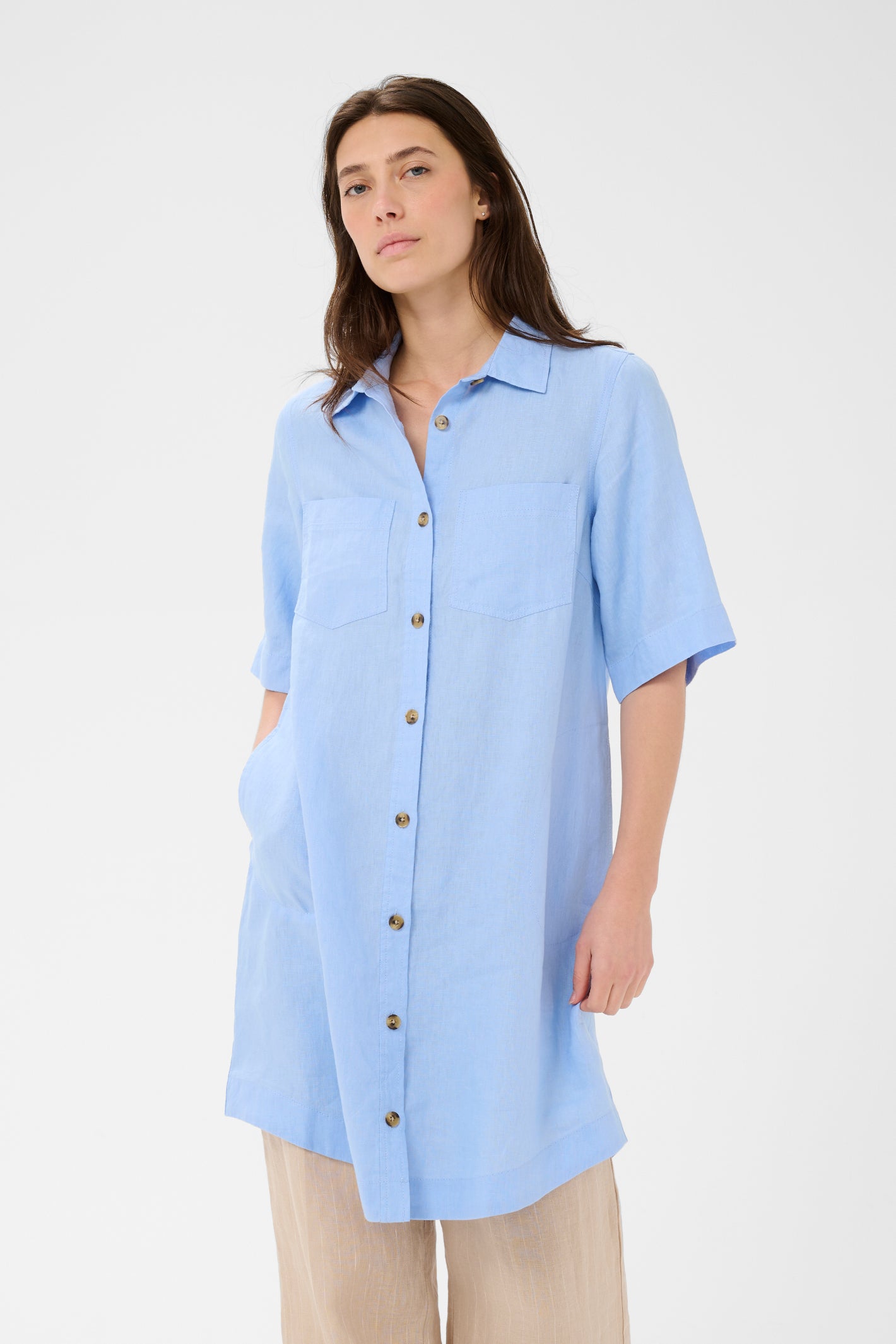 Woman modeling Part Two 30310406 SardiaePW Serenity Dress in light blue linen by Part Two shop at Dotique