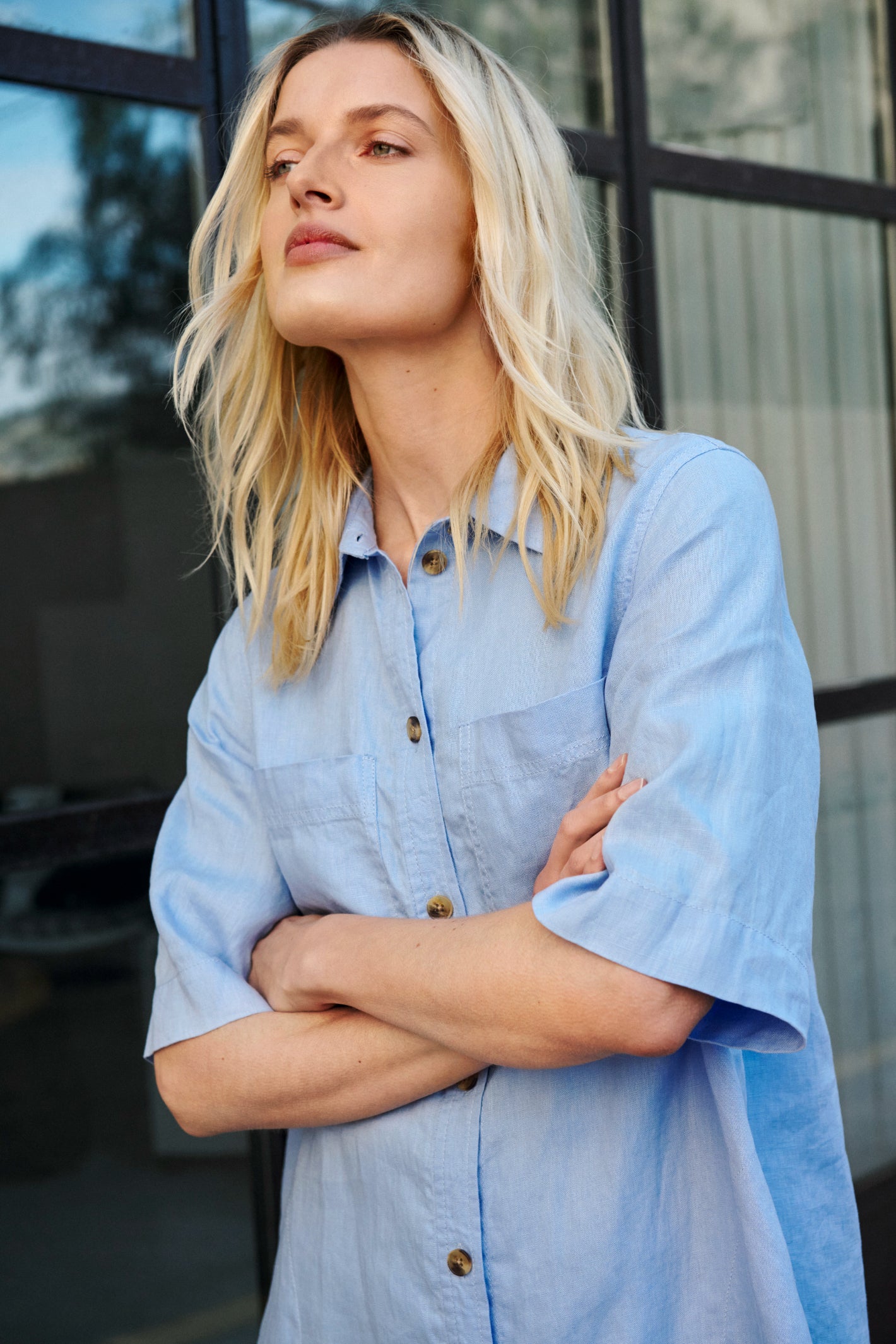 Woman wearing Part Two 30310406 SardiaePW Serenity Dress in light blue linen by Part Two shop the Part Two collection at Dotique