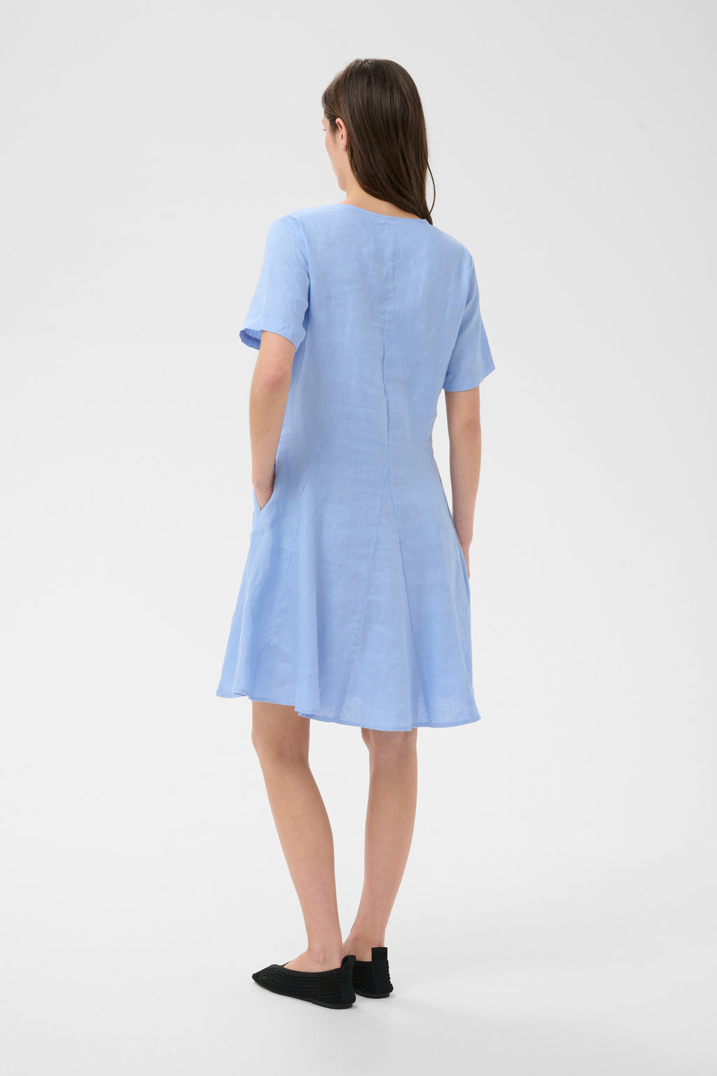 Back view of woman wearing Part Two 30310476 AminasaPW Serenity Dress by Part Two shop at Dotique in light blue linen