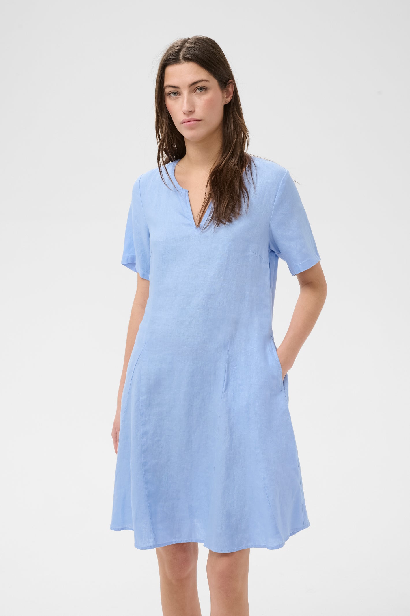 Woman wearing Part Two 30310476 AminasaPW Serenity Dress in light blue linen by Part Two Shop the vendor at Dotique