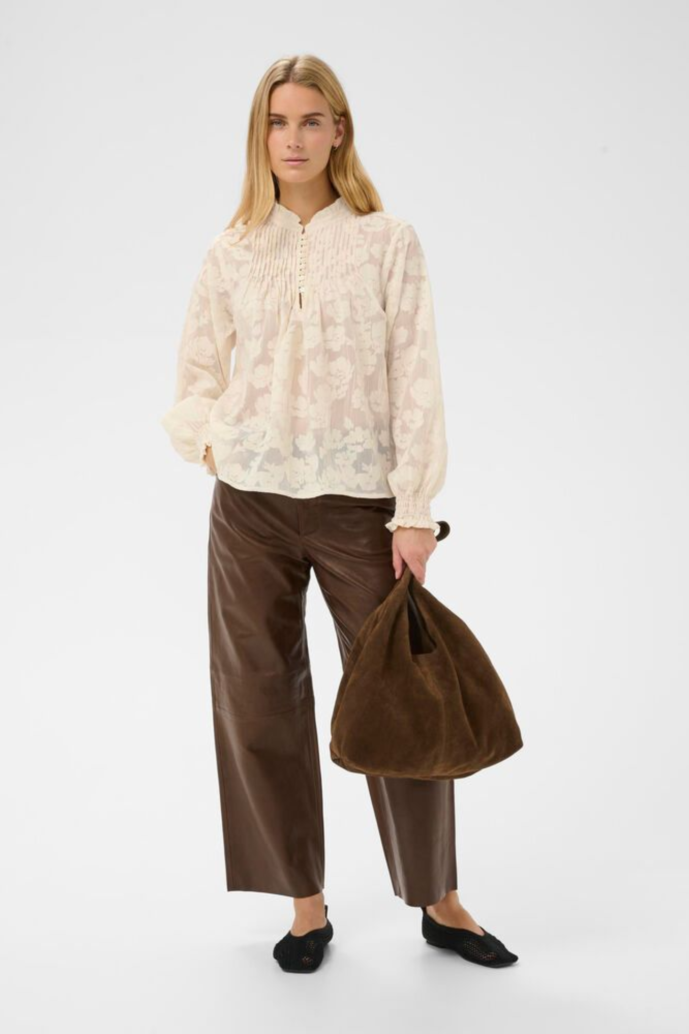 Model wearing Part Two 30310661 ZayanPW Whisper White Blurred Flower Blouse by Part Two, shop Part Two at Dotique front view