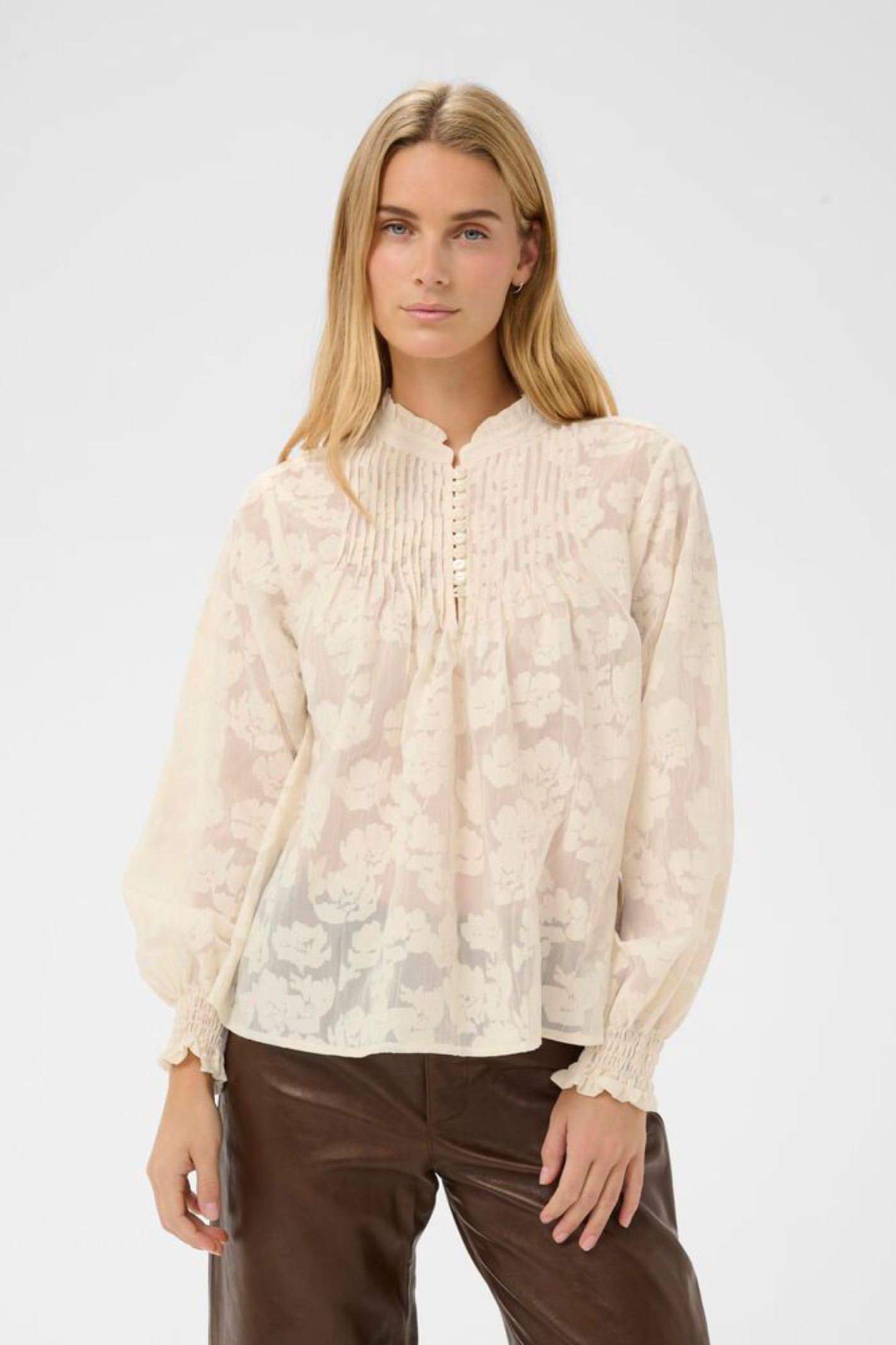Model wearing Part Two 30310661 ZayanPW Whisper White Blurred Flower Blouse by Part Two shop at Dotique front view