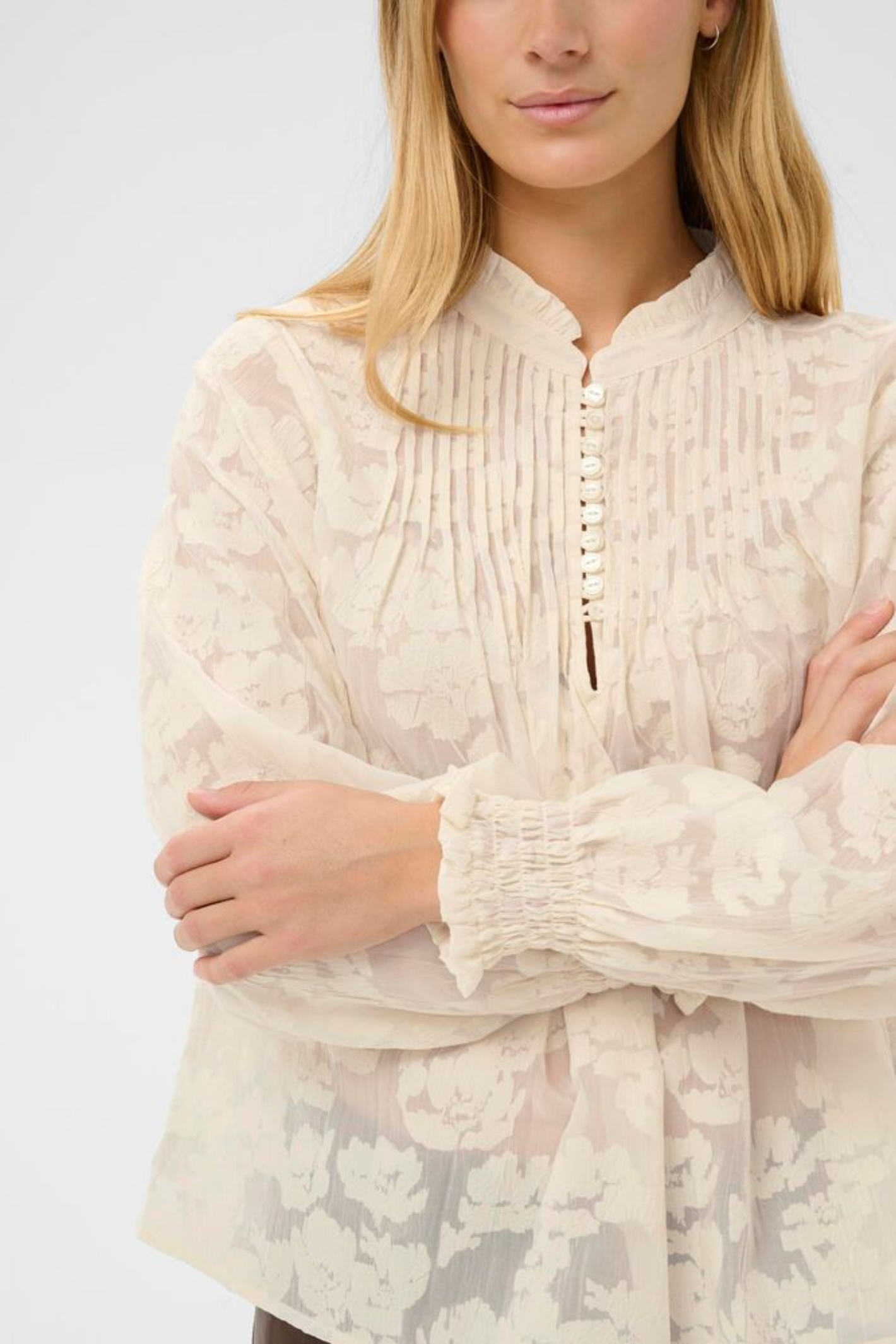 Close-up of Part Two 30310661 ZayanPW Whisper White Blurred Flower Blouse by Part Two, shop Part Two at Dotique delicate fabric detail