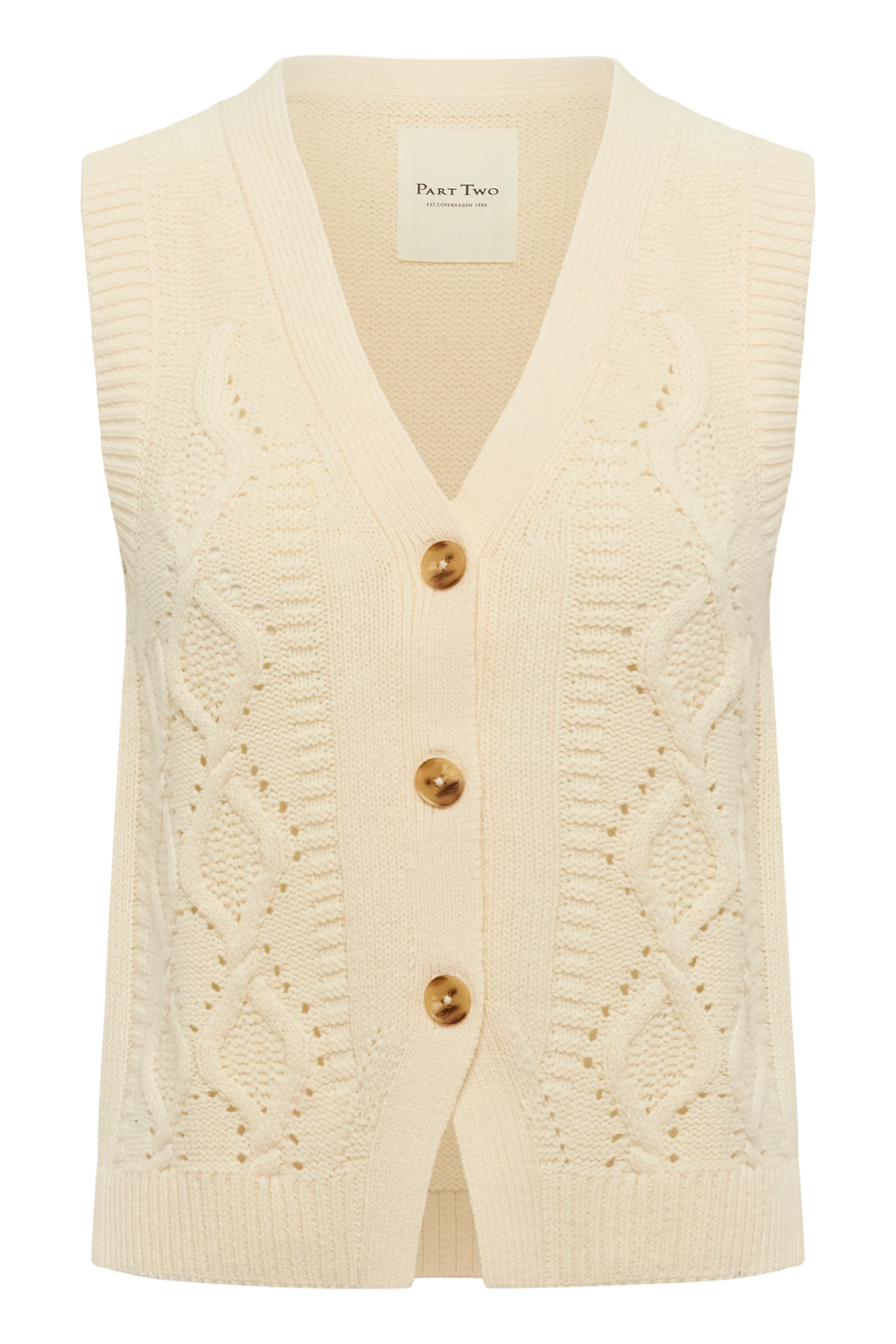 Model wearing the Part Two ChristinPW cream cable knit button-through waistcoat. Shop Part Two at Dotique.