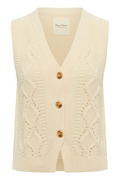 Model wearing the Part Two ChristinPW cream cable knit button-through waistcoat. Shop Part Two at Dotique.