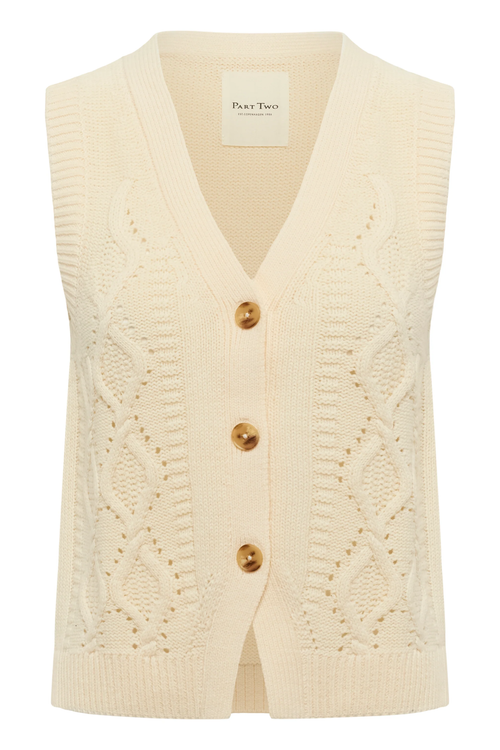 Model wearing the Part Two ChristinPW cream cable knit button-through waistcoat. Shop Part Two at Dotique.