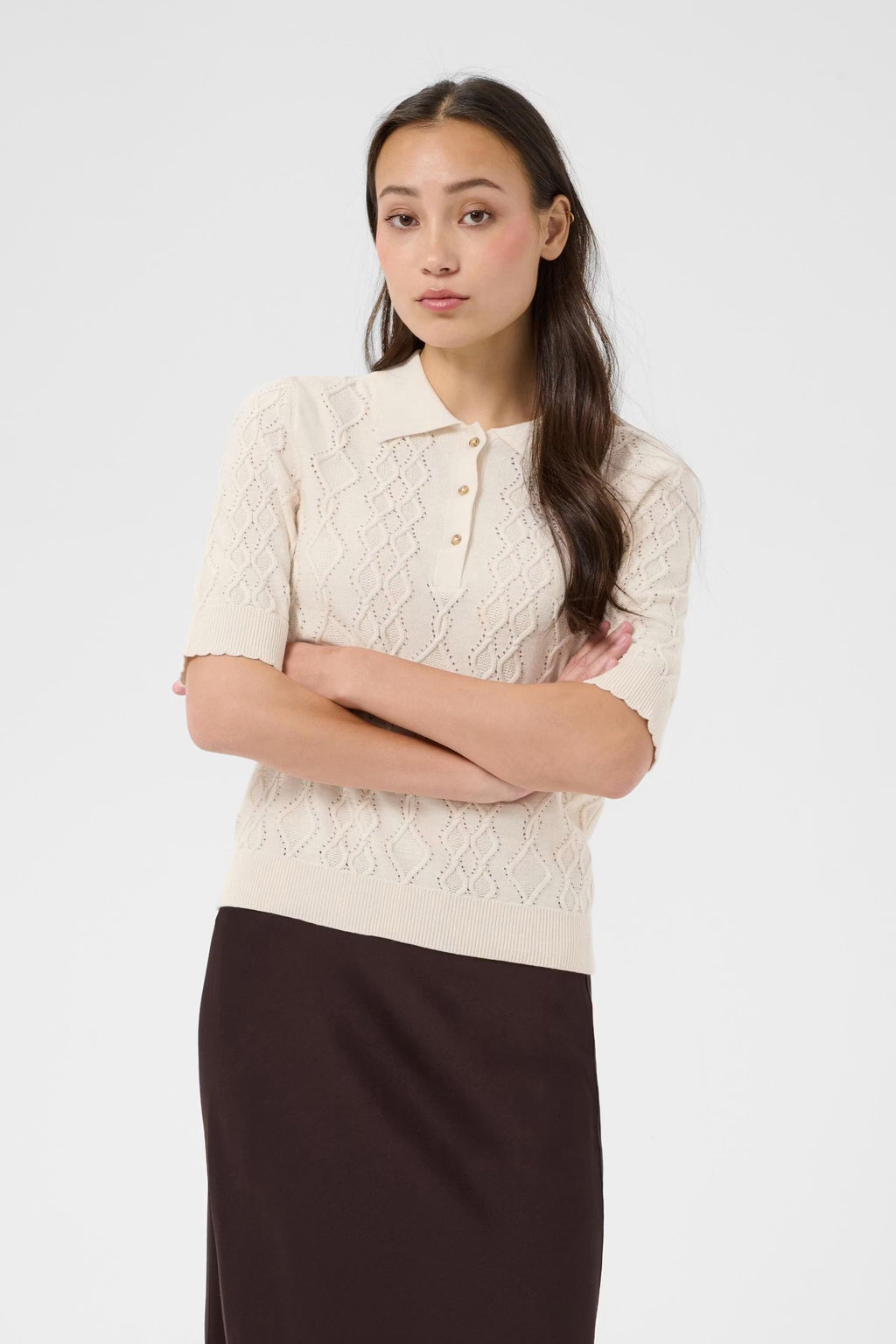 Shop the Part Two CiniaPW Knitted Jumper in French Oak Melange at Dotique. A soft relaxed-fit knit with a timeless crew neck, perfect for effortless everyday style.