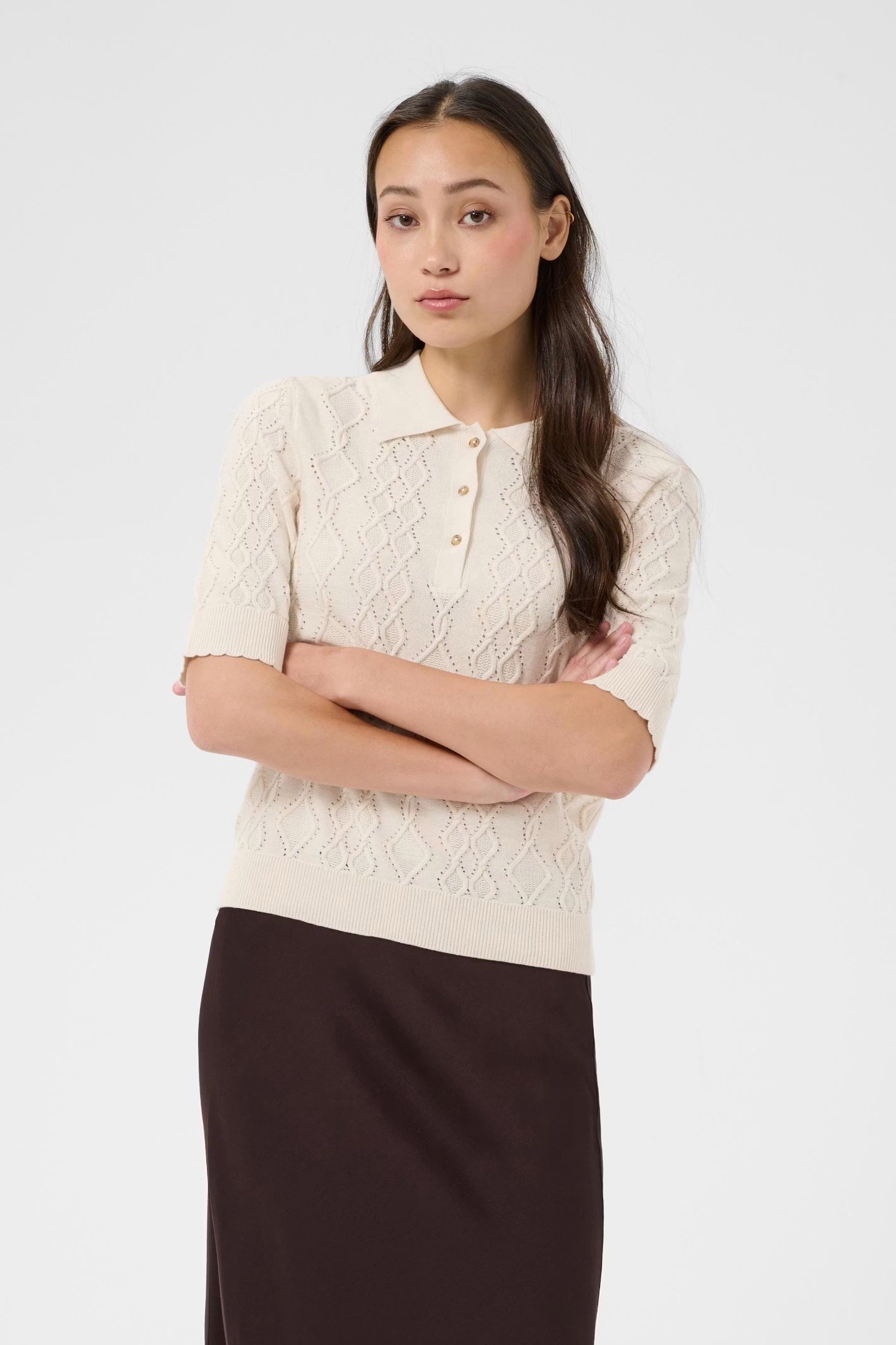 Shop the Part Two CiniaPW Knitted Jumper in French Oak Melange at Dotique. A soft relaxed-fit knit with a timeless crew neck, perfect for effortless everyday style.