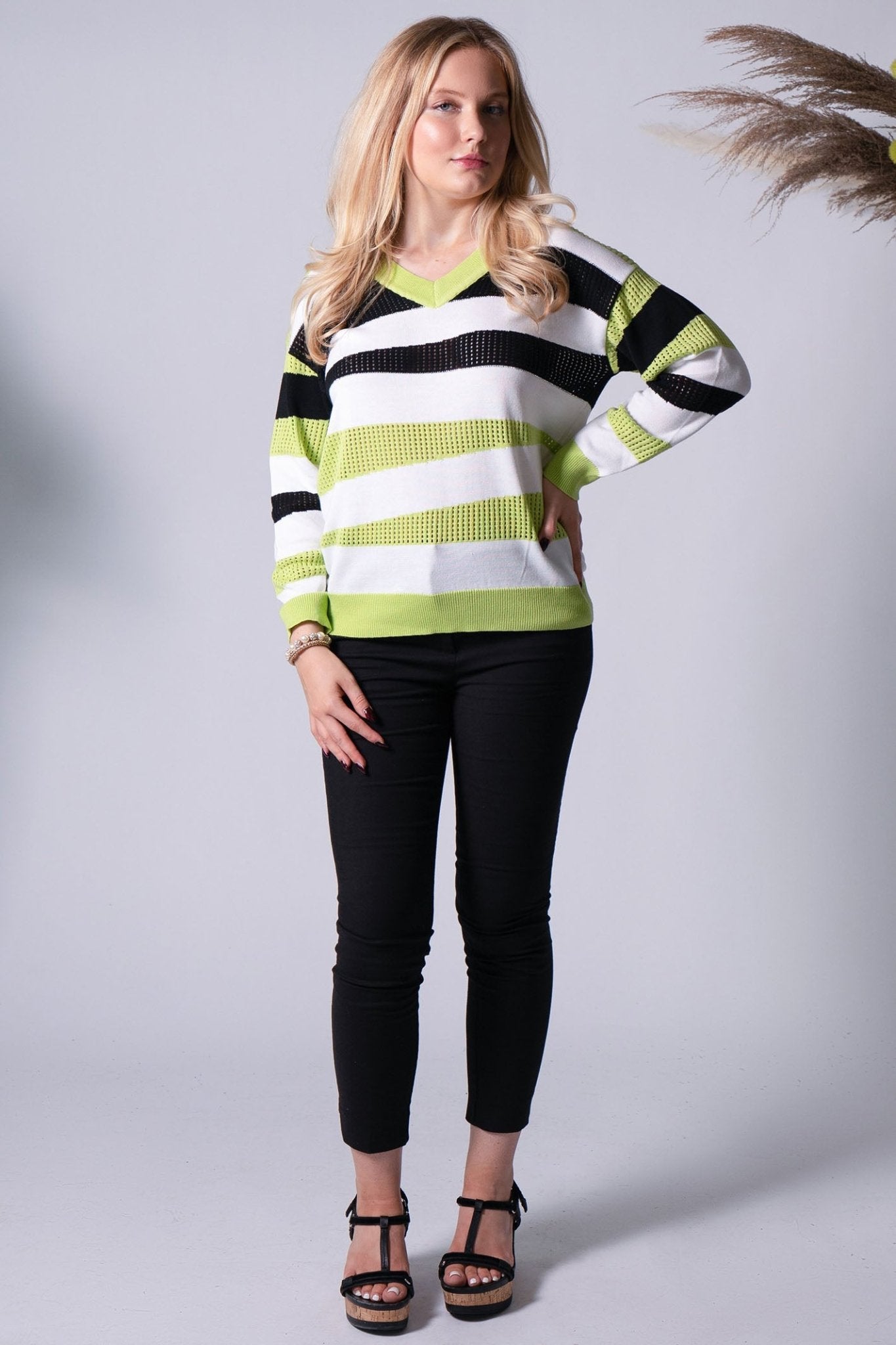 Passioni 15107 Lime Green Stripe V-Neck Mesh Knit Jumper - Dotique