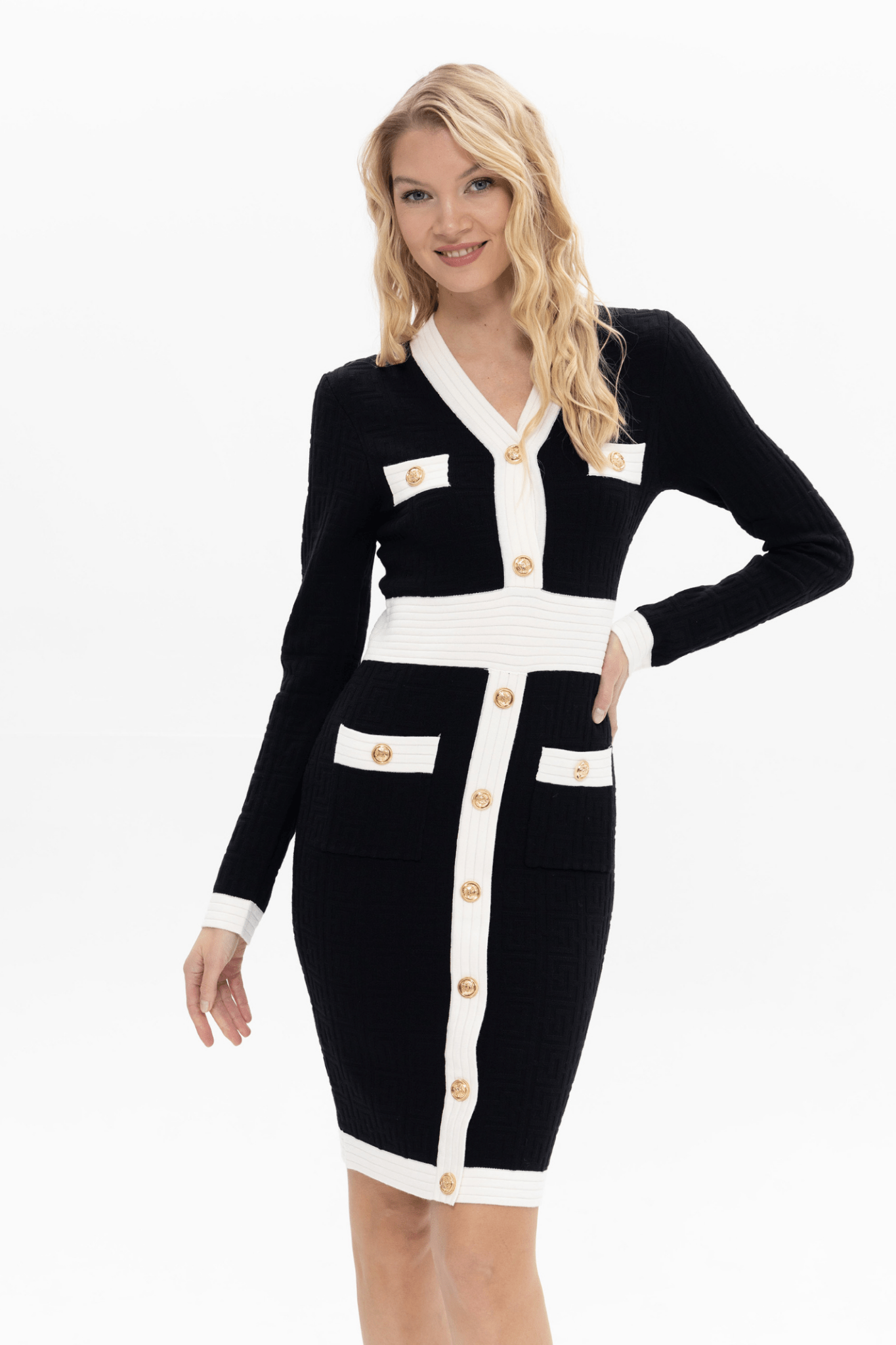 Passioni 18076 Black Dress with White Panelling and Gold Buttons. Available at Dotique