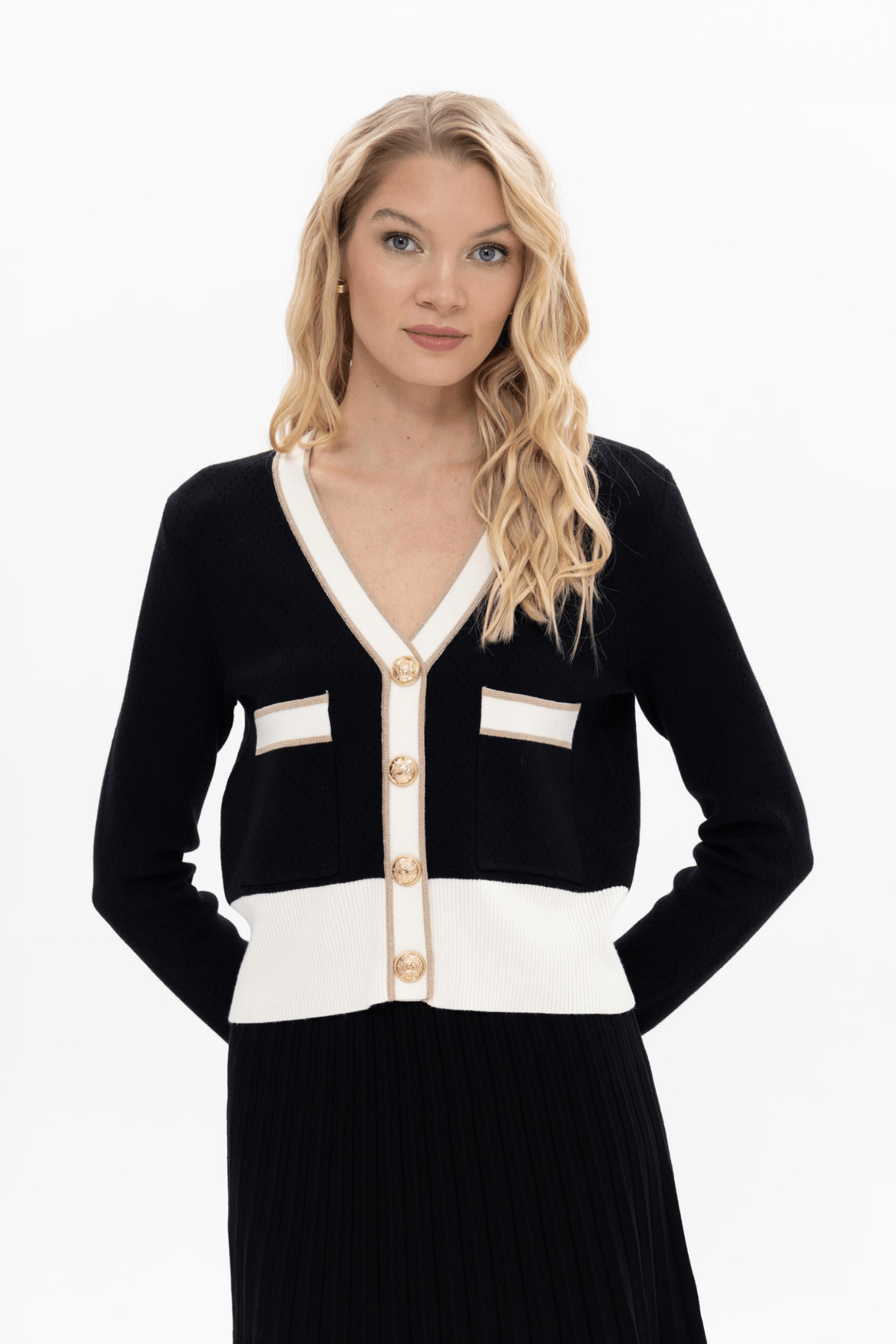 Passioni 18081 Black Cardigan with White Detail and Gold Buttons