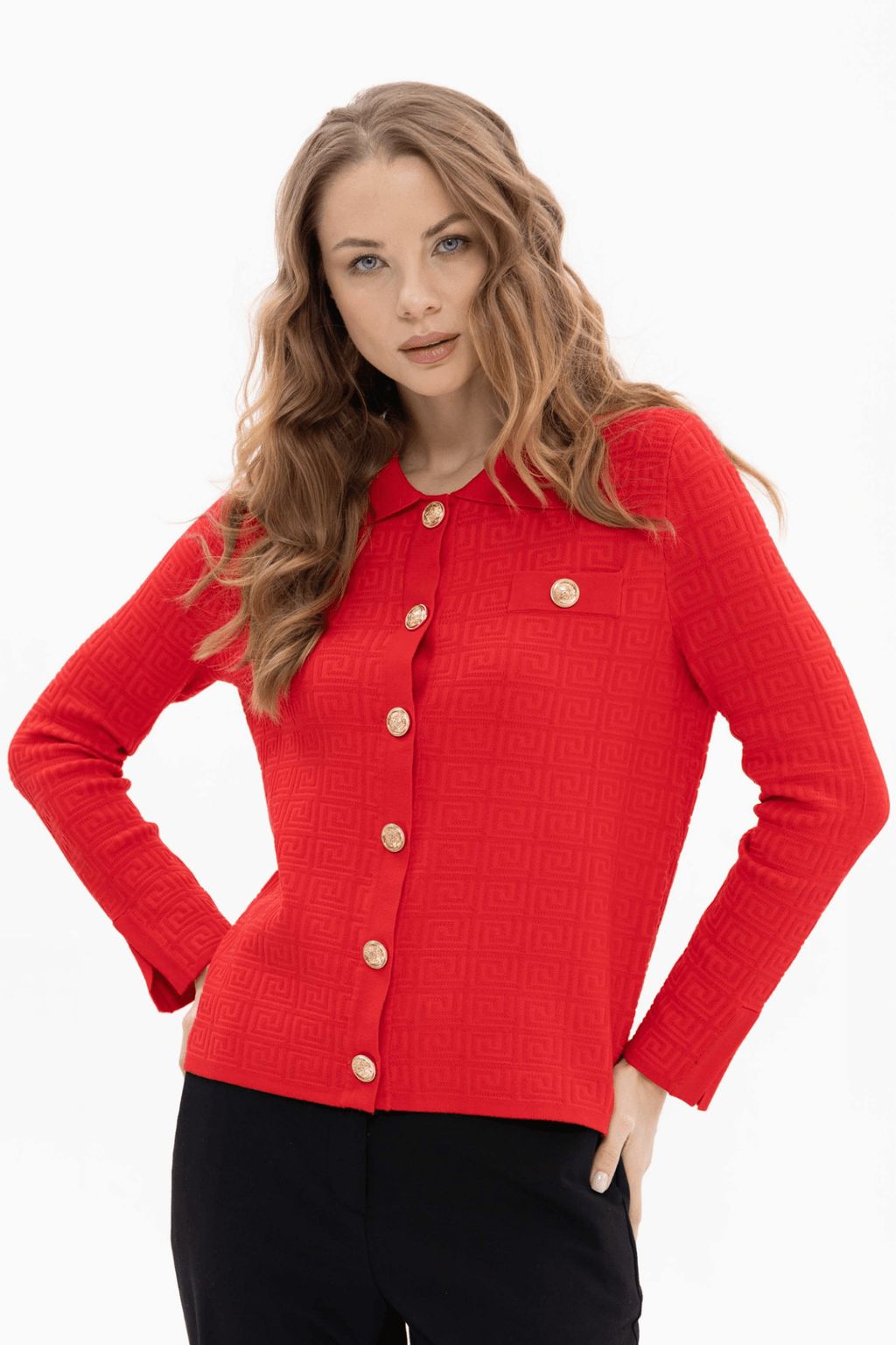 Passioni 18091 cardigan, designed to add elegance to any outfit. Featuring intricate textured detailing and signature gold buttons for a luxe finish,