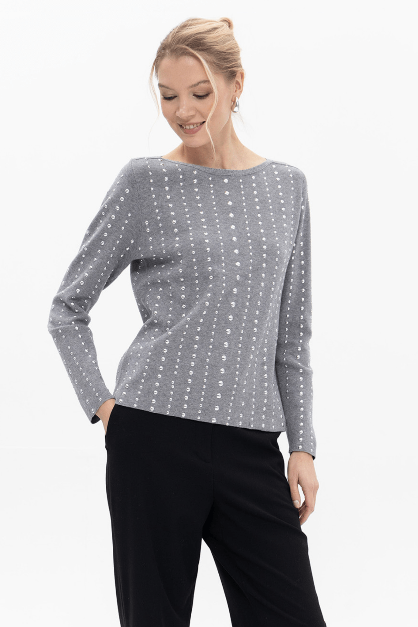 Passioni 18120 Grey Jumper. Featuring a soft grey knit with delicate vertical rows of crystal embellishment, this jumper combines cosy comfort with understated glamour.