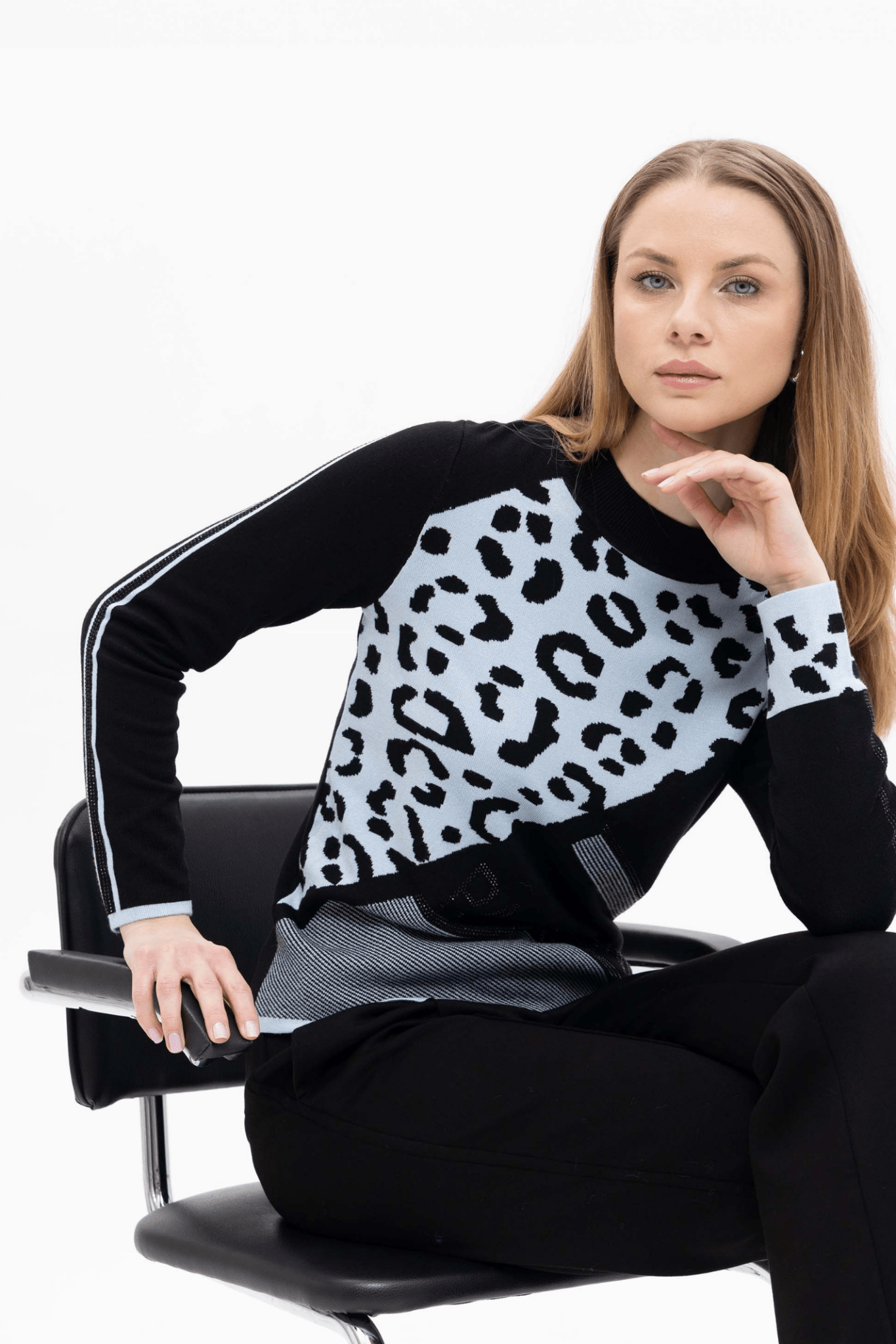 Passioni 18125 Blue Asymmetric Leopard Print Roundneck Jumper